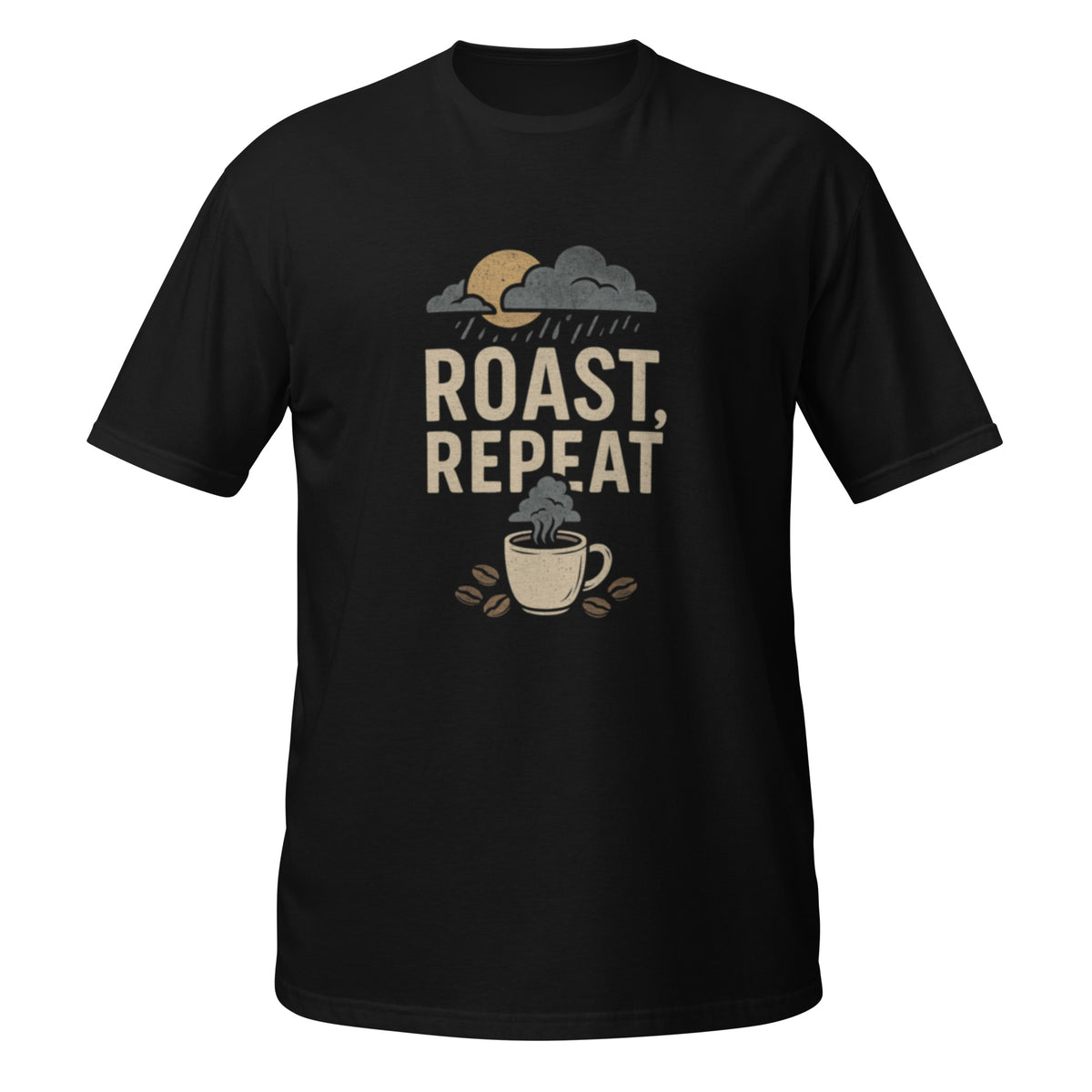 Black Roast, Repeat t-shirt with Seattle coffee culture design featuring espresso-inspired artwork