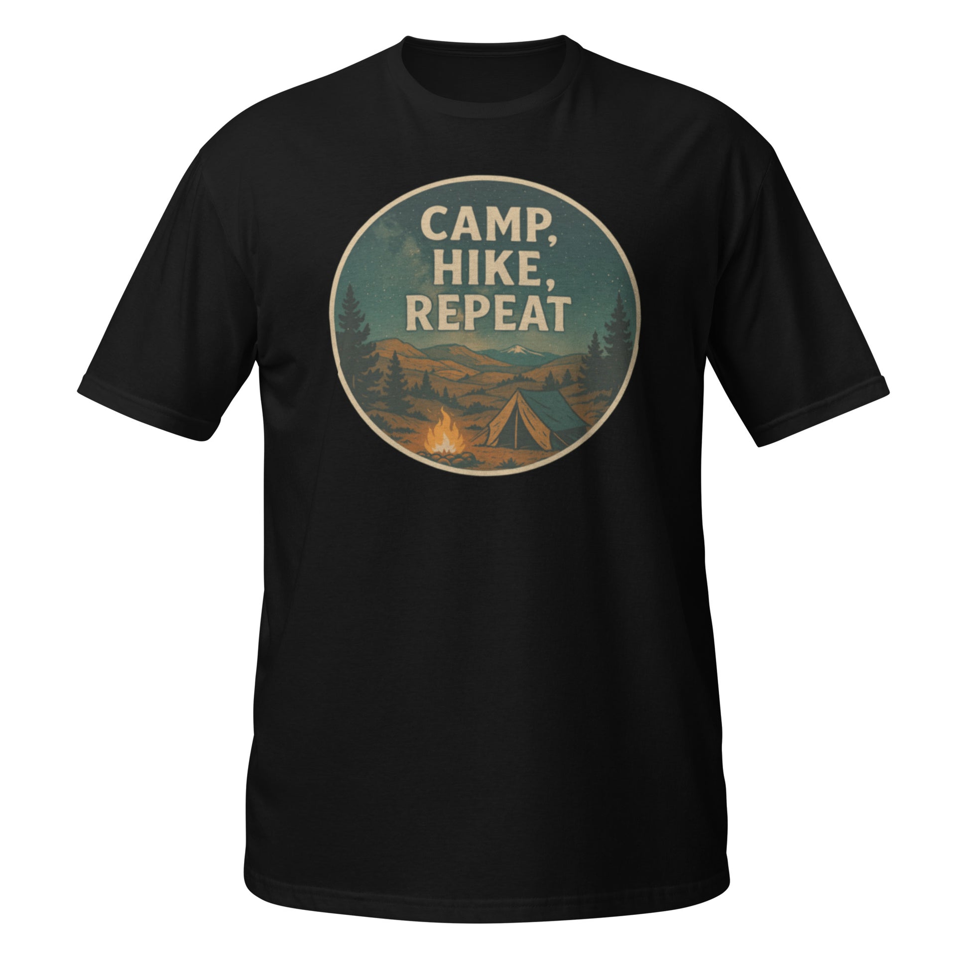 Black Camp Hike Repeat tee with bold outdoor graphic inspired by Pacific Northwest hiking and camping culture
