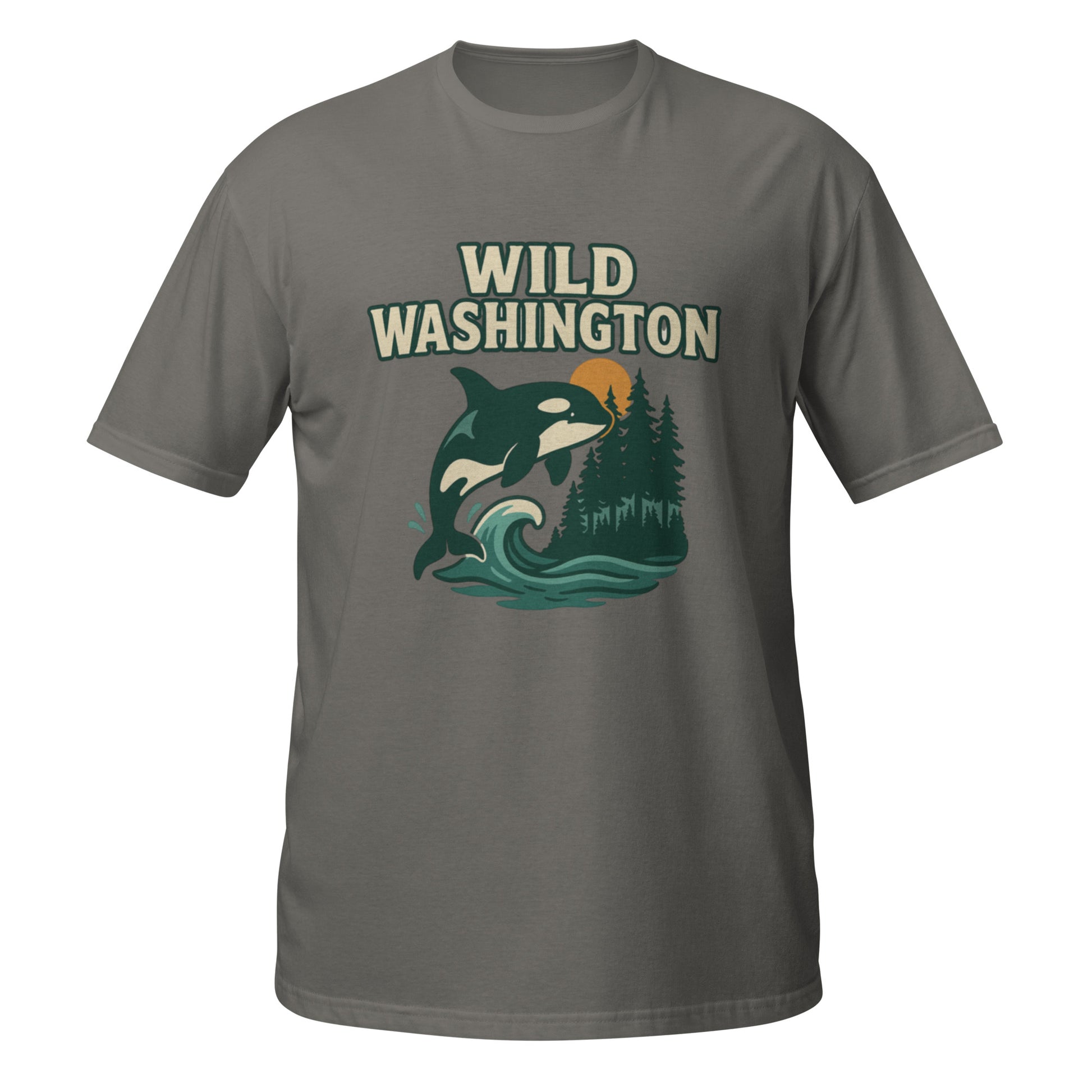 Charcoal Wild Washington tee with powerful orca graphic celebrating Pacific Northwest wilderness and marine life