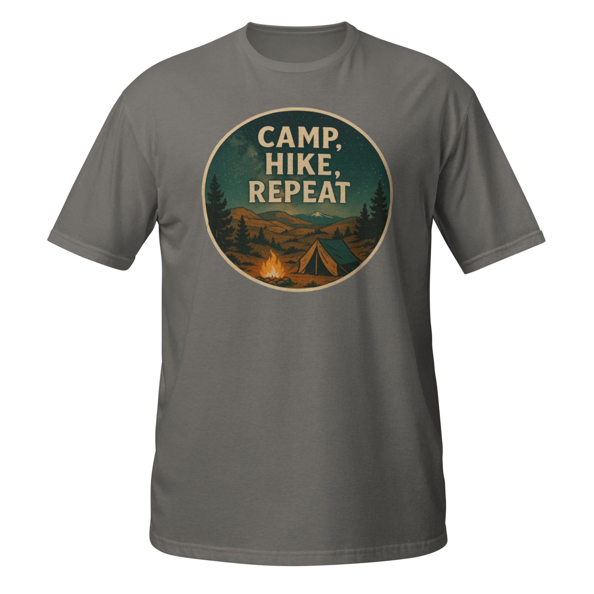 Charcoal Camp Hike Repeat shirt with minimal hiking graphic designed for PNW trailheads and campfire nights