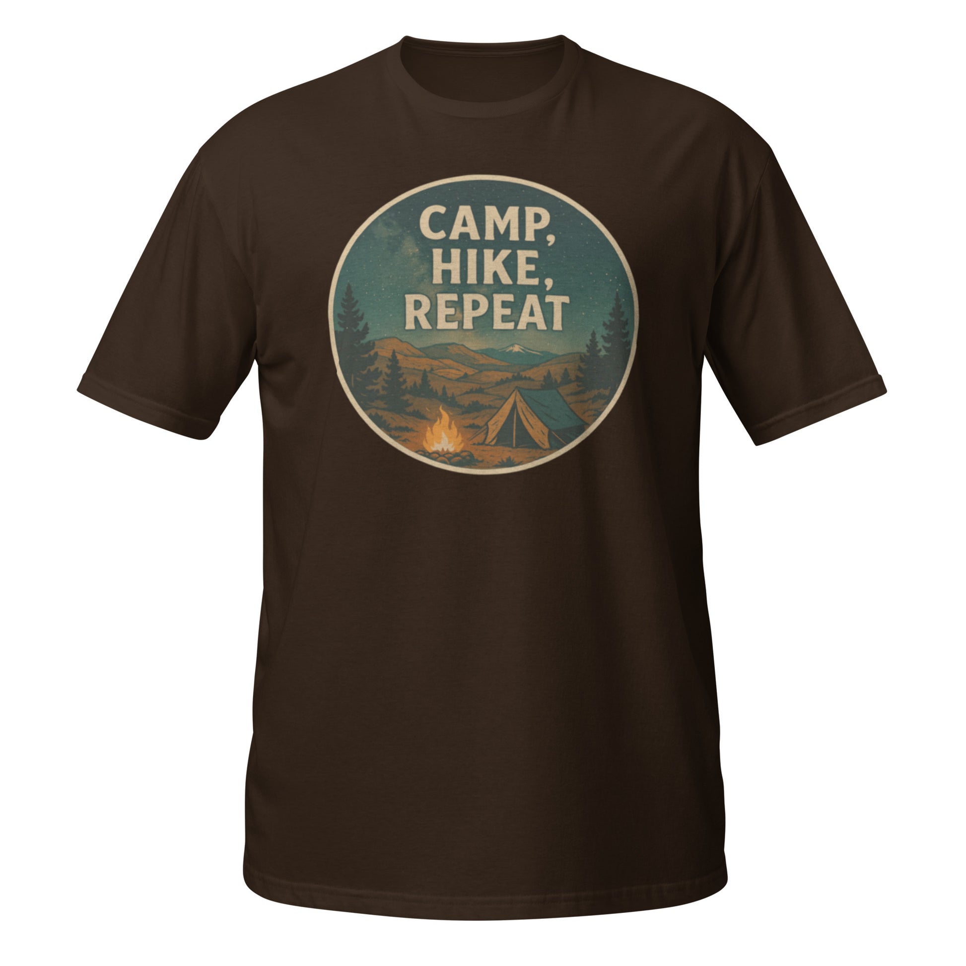 Dark chocolate Camp Hike Repeat t-shirt with earthy outdoor vibe for campers and hikers in the Pacific Northwest