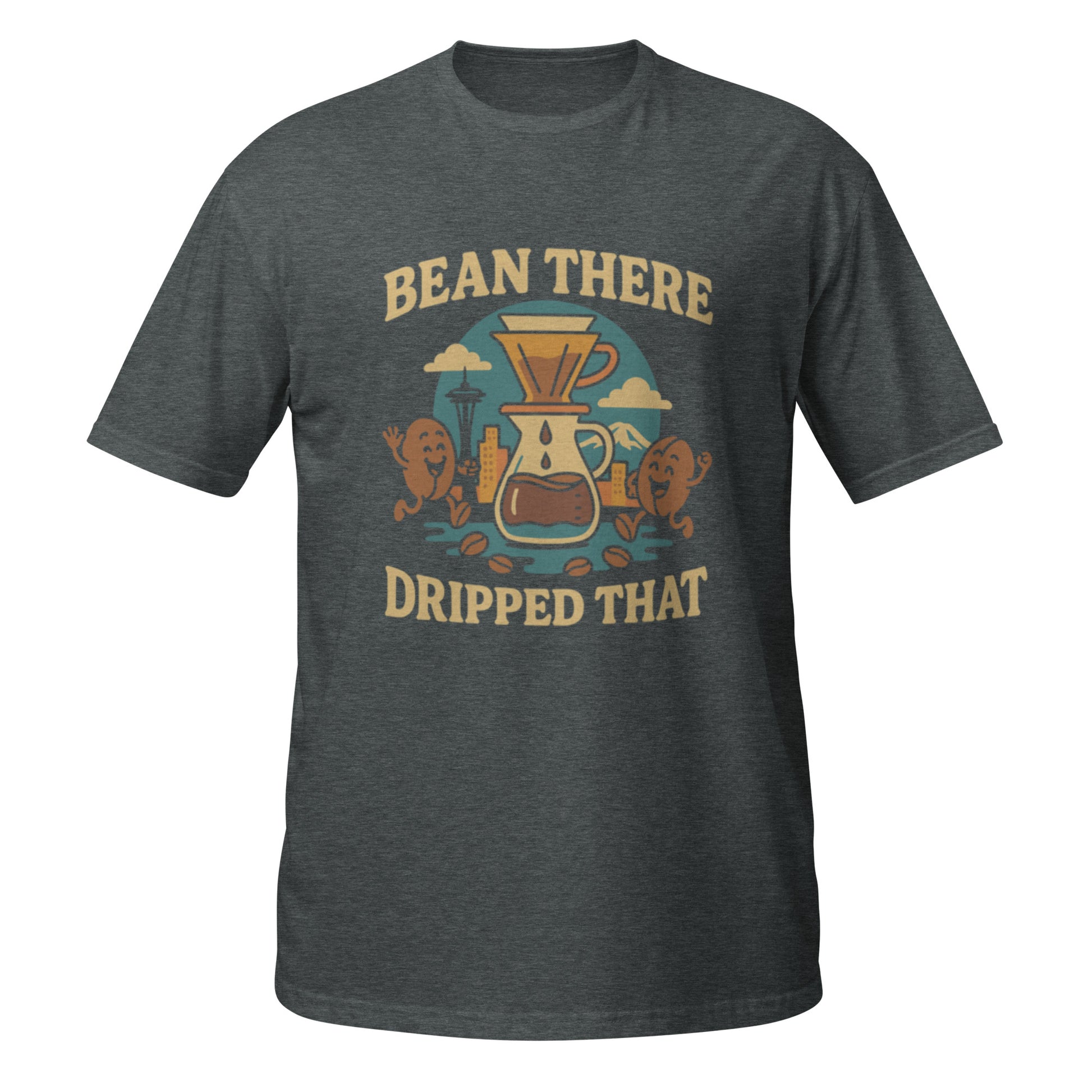 Dark heather Drip That tee with Seattle coffee graphic inspired by pour-overs and rainy mornings