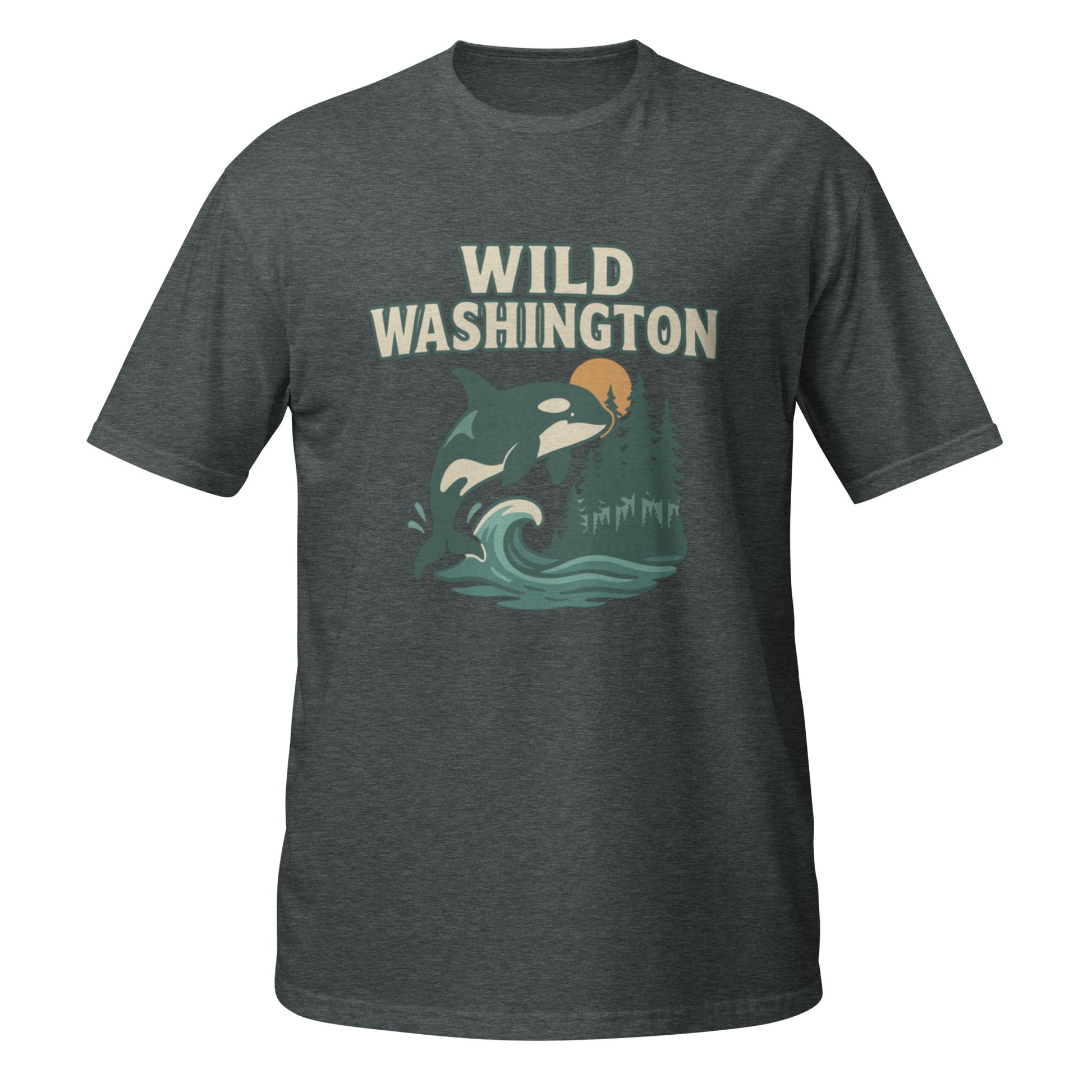 Dark heather Wild Washington tee with orca design capturing the spirit of Washington’s forests and sea life
