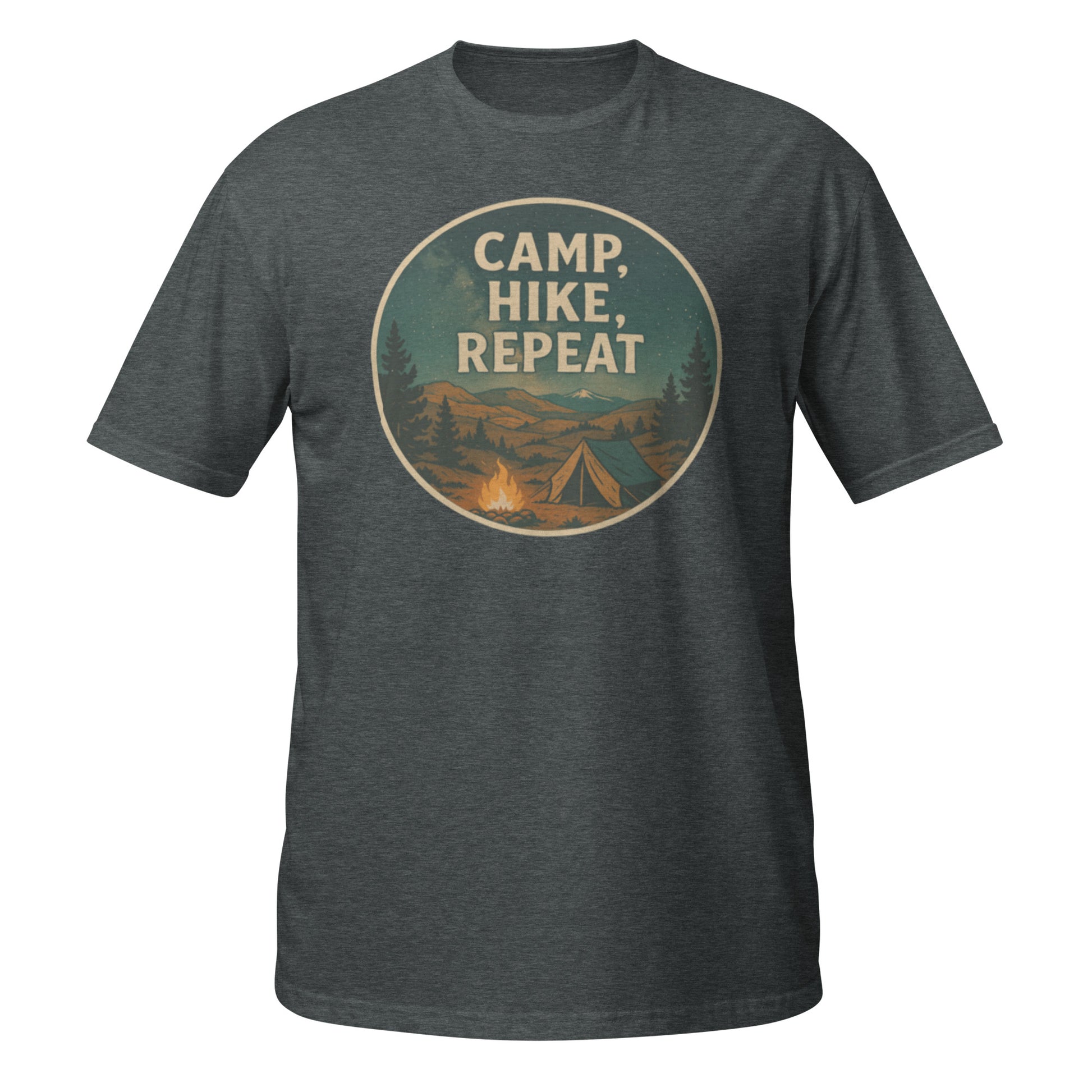 Dark heather Camp Hike Repeat shirt with bold forest-themed design for trail-ready comfort and style