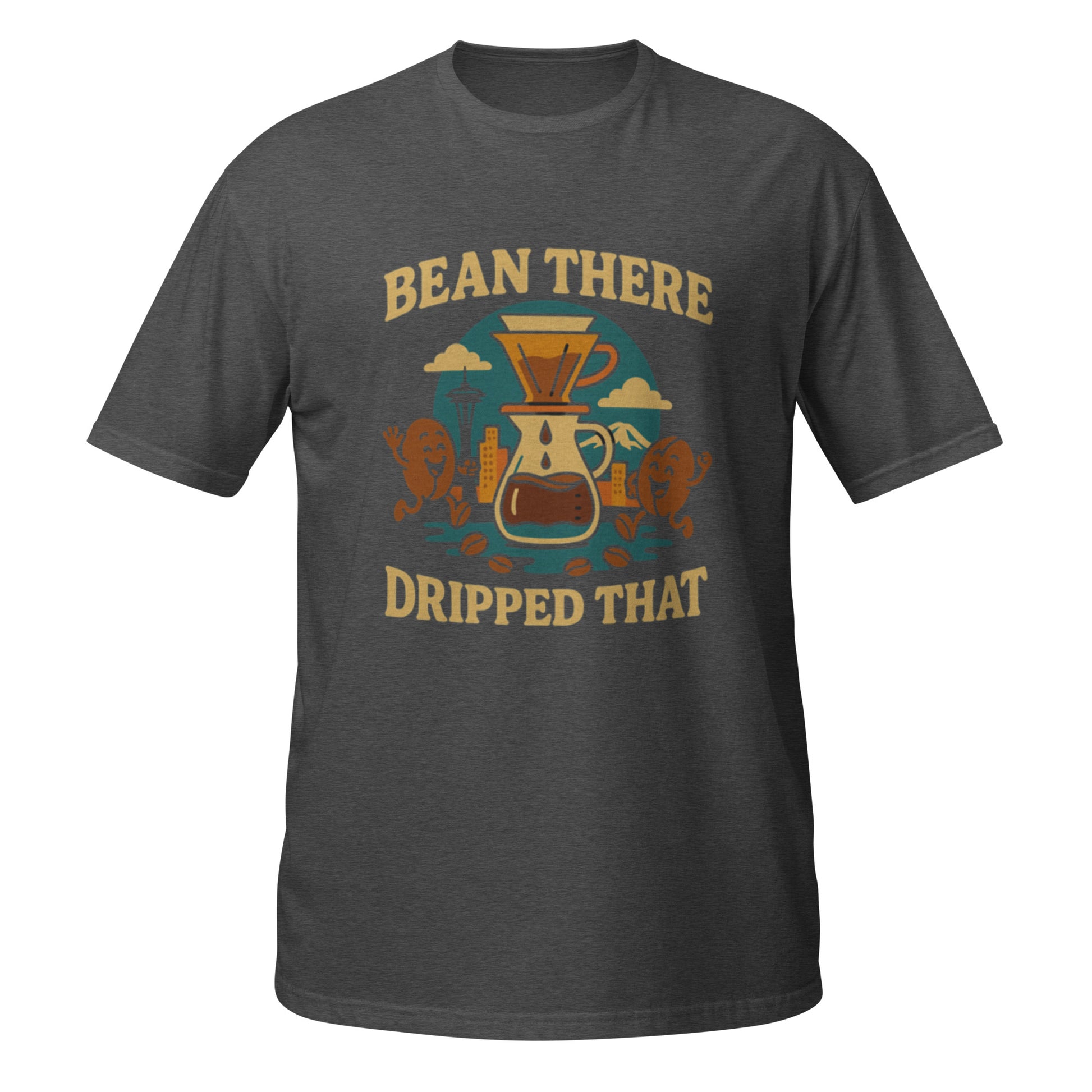 Dark heather grey Drip That shirt featuring bold Seattle roast-inspired coffee design for café lovers