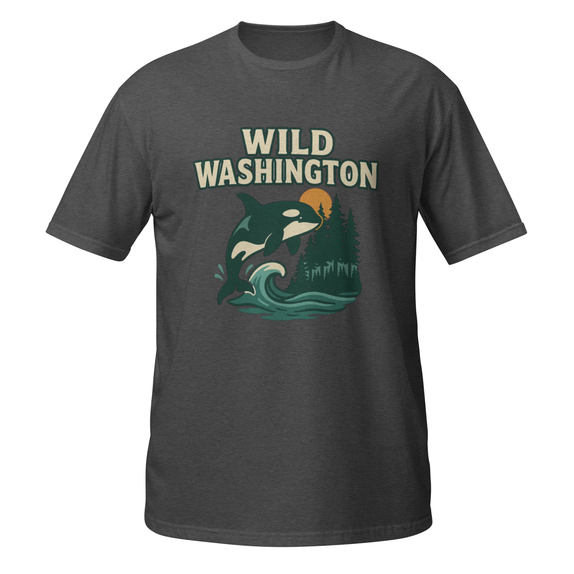 Dark heather grey Wild Washington shirt with coastal orca artwork representing the wild beauty of the PNW