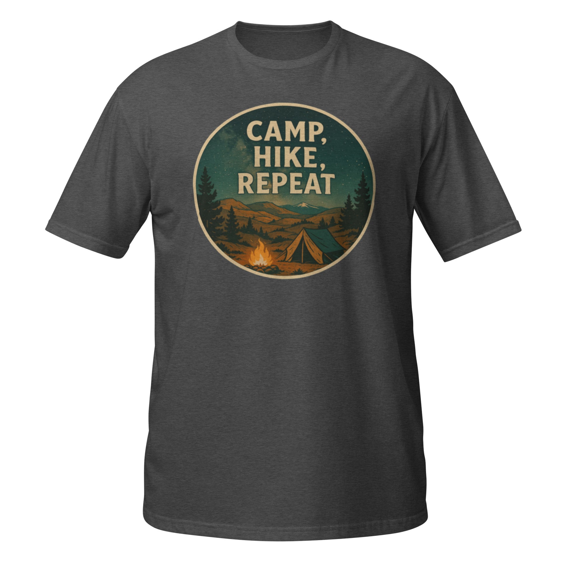 Dark heather grey Camp Hike Repeat shirt with campsite-ready graphic for Washington trail lovers