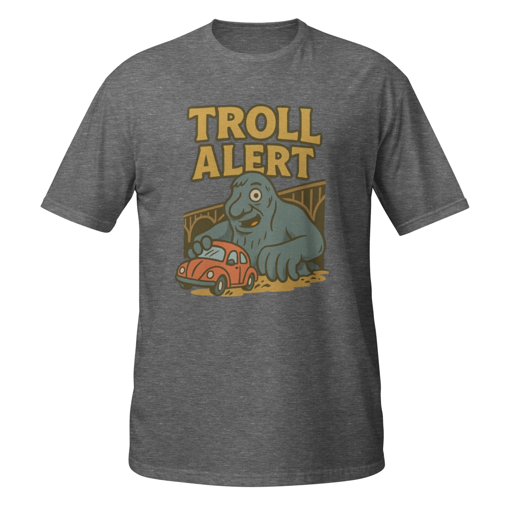 Graphite heather Troll Alert shirt with playful Seattle troll design and vintage cartoon vibes