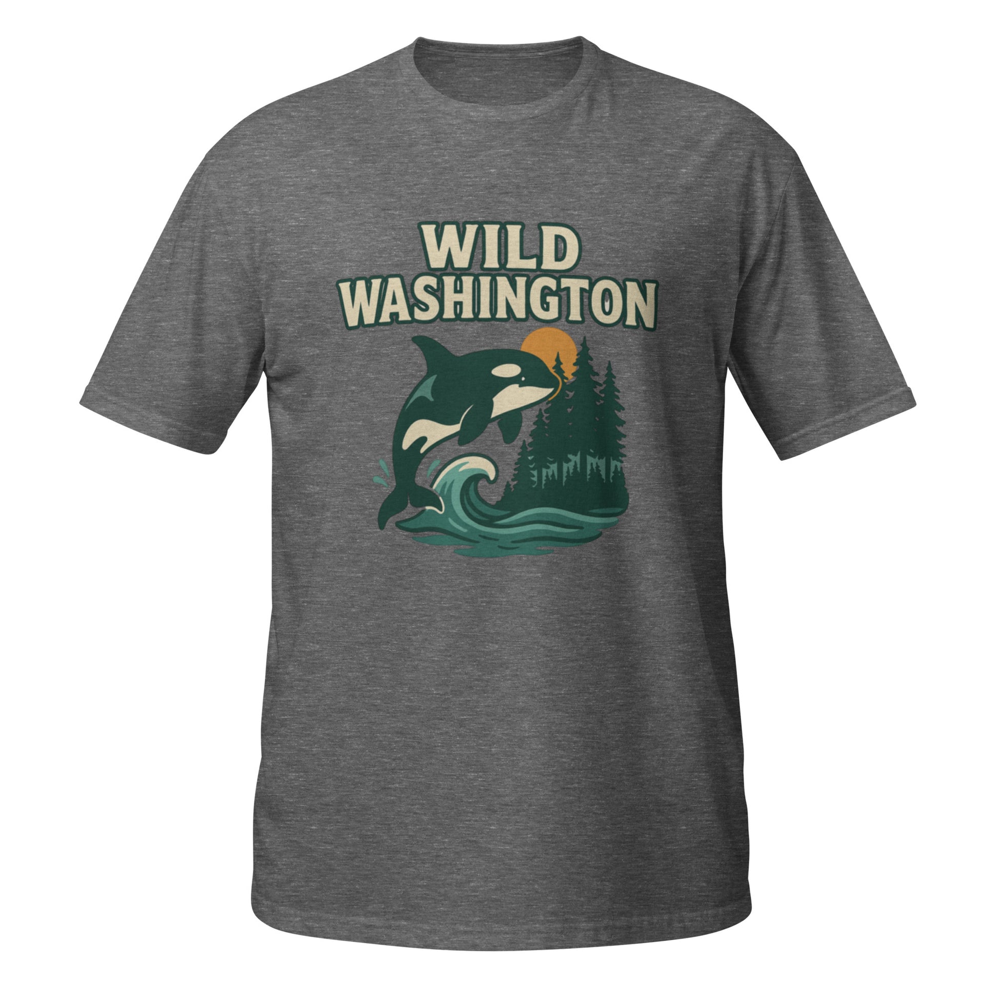 Graphite heather Wild Washington t-shirt featuring orca design and nature-inspired tones of Washington state