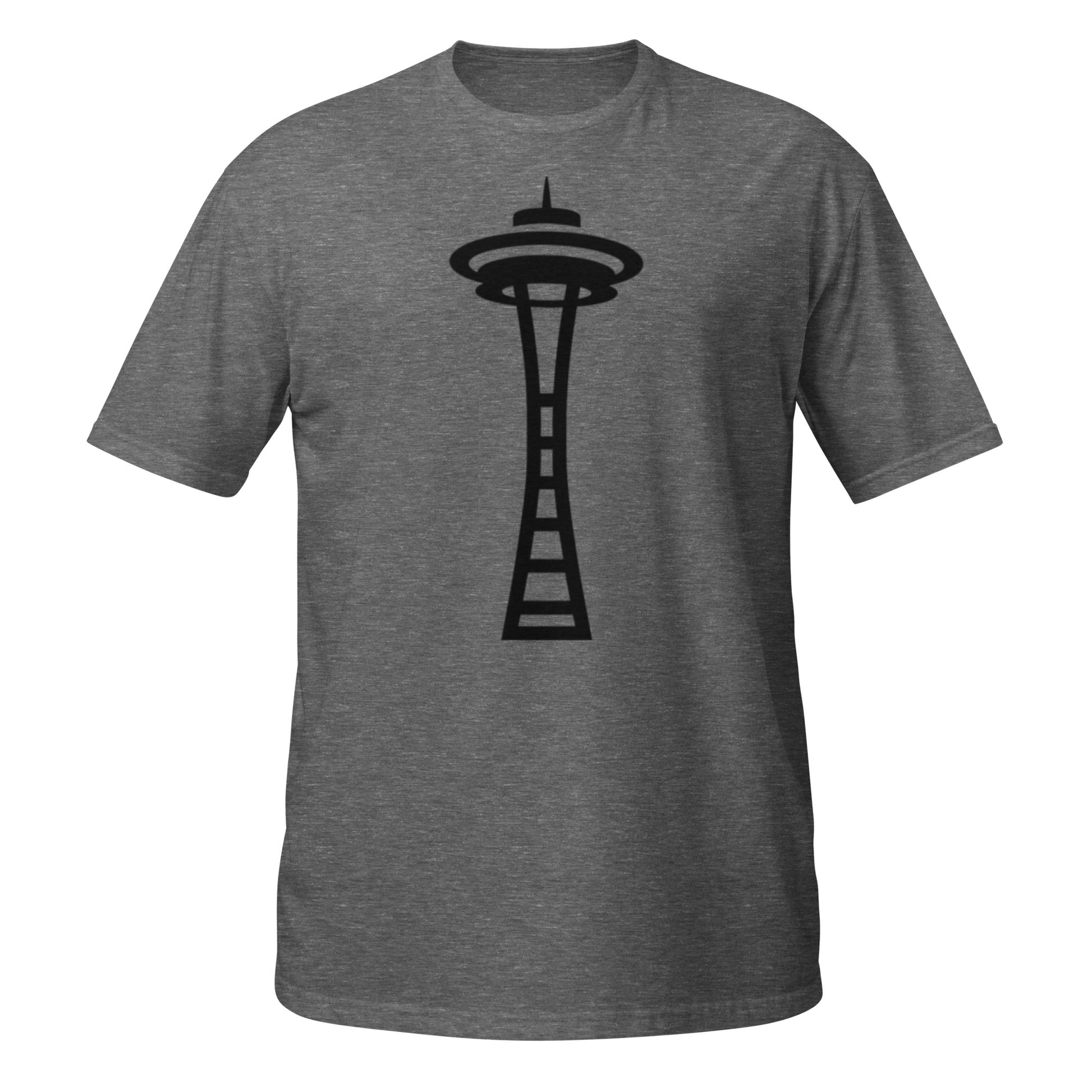 Seattle Space Needle silhouette design on Graphite Heather shirt