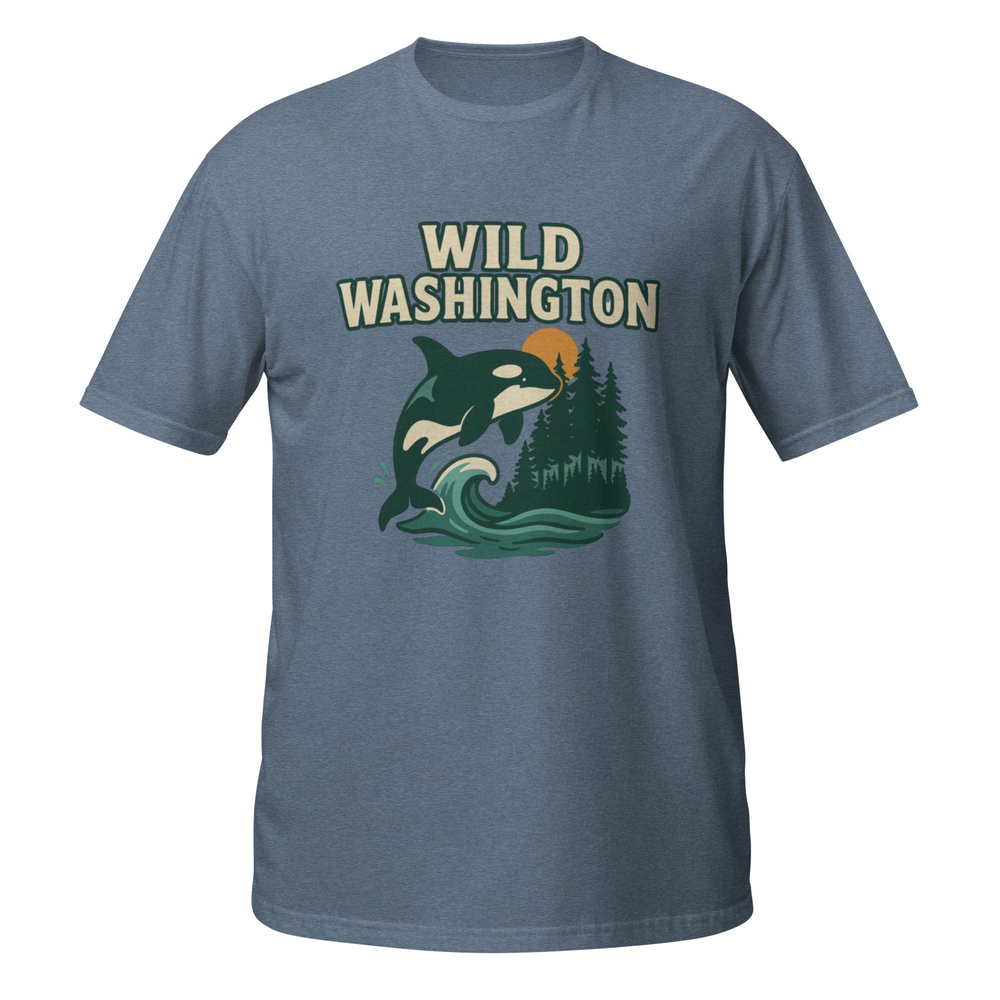 Heather indigo Wild Washington shirt with bold orca graphic inspired by Washington state’s natural wonders