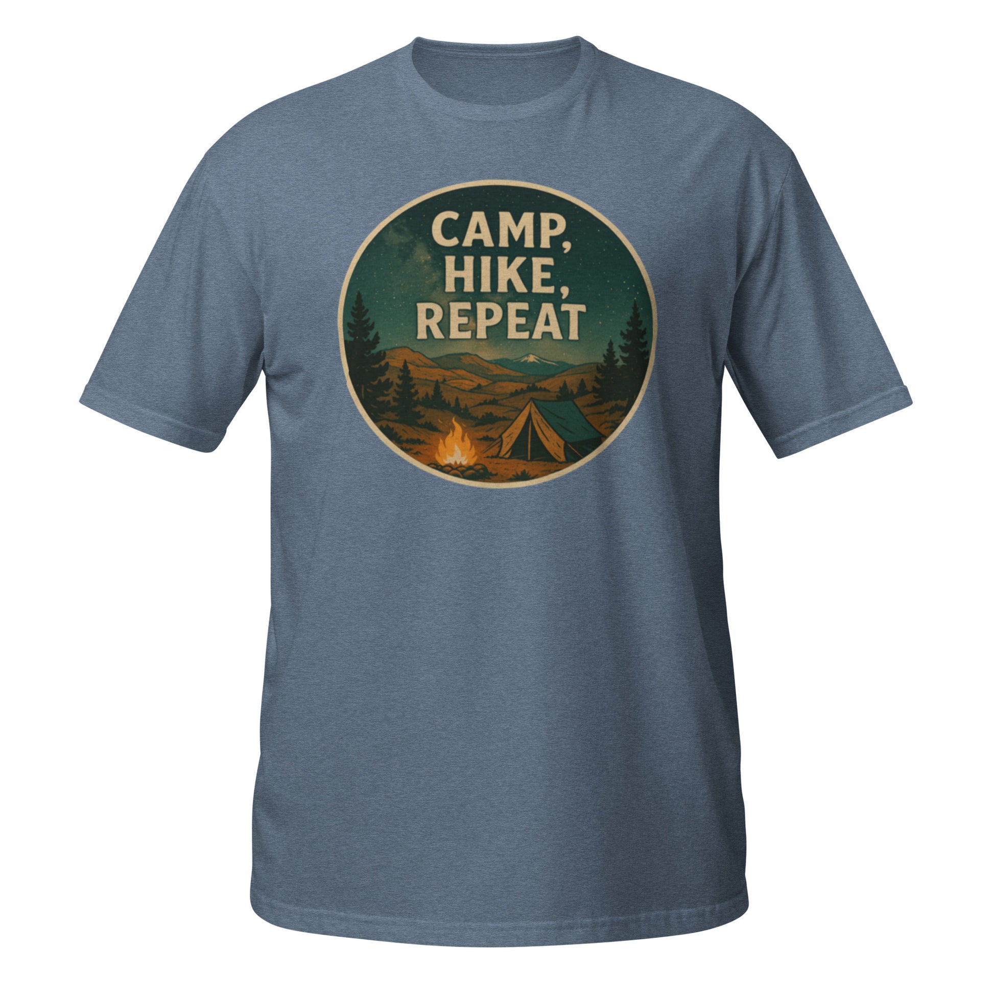 Heather indigo Camp Hike Repeat t-shirt with bold nature graphic celebrating the rhythm of outdoor adventure
