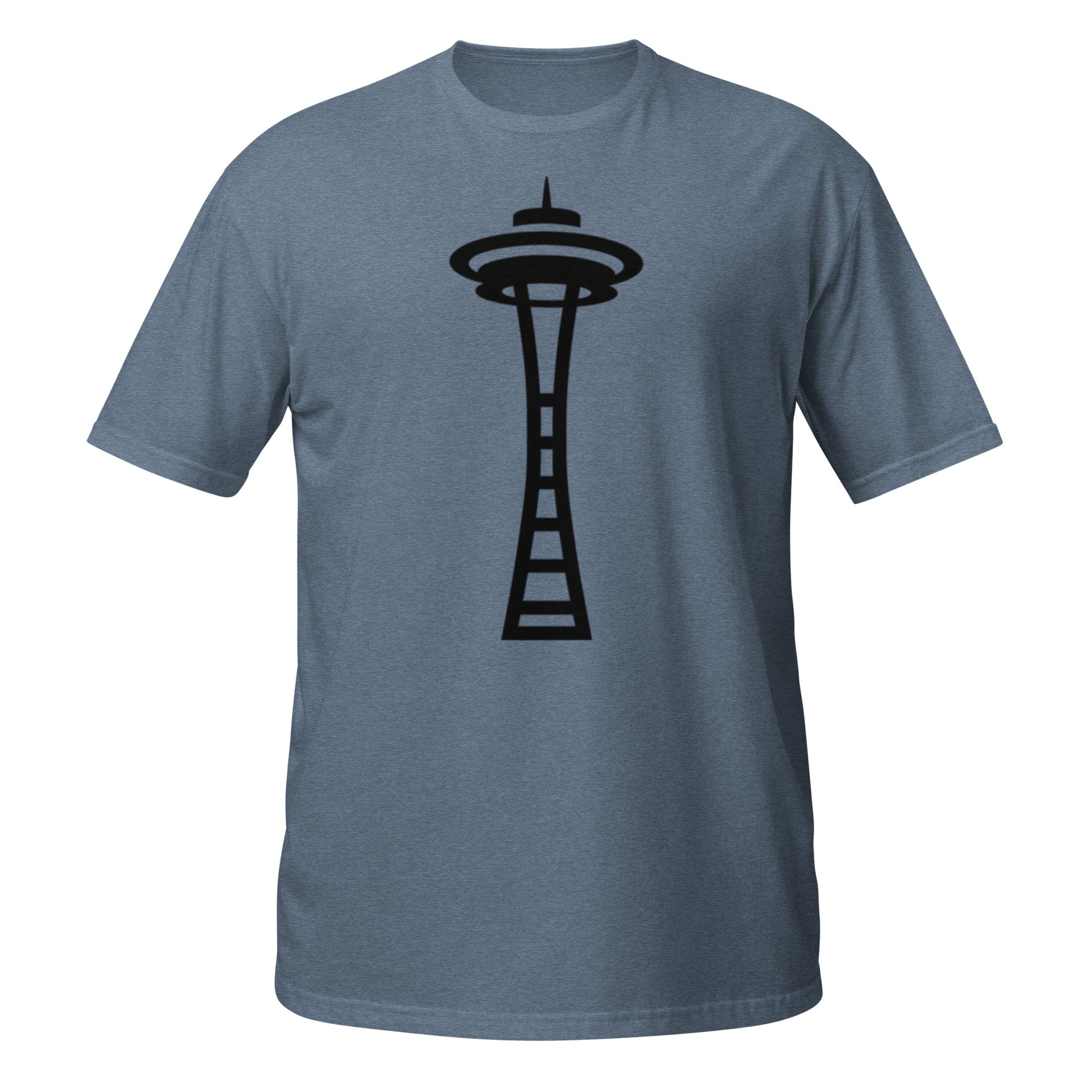 Seattle Space Needle silhouette design on Heather Indigo shirt