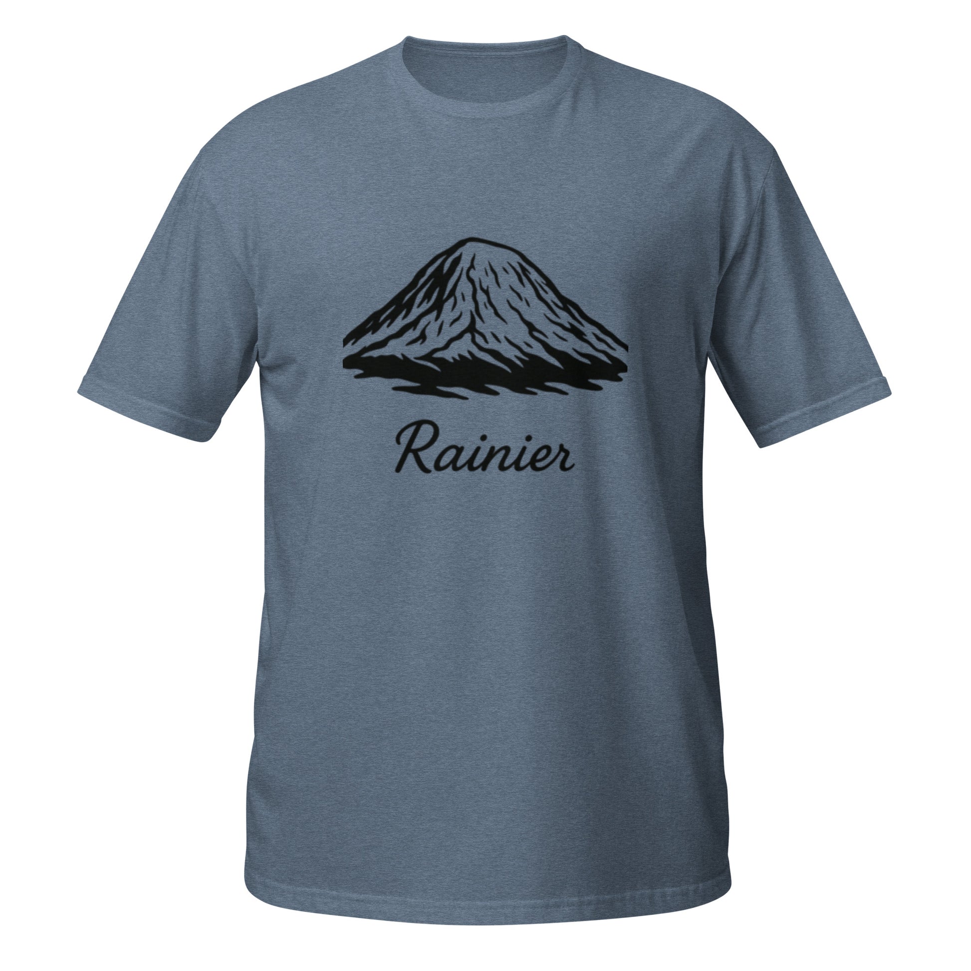 One-line Mt. Rainier outline in black on Heather Indigo shirt