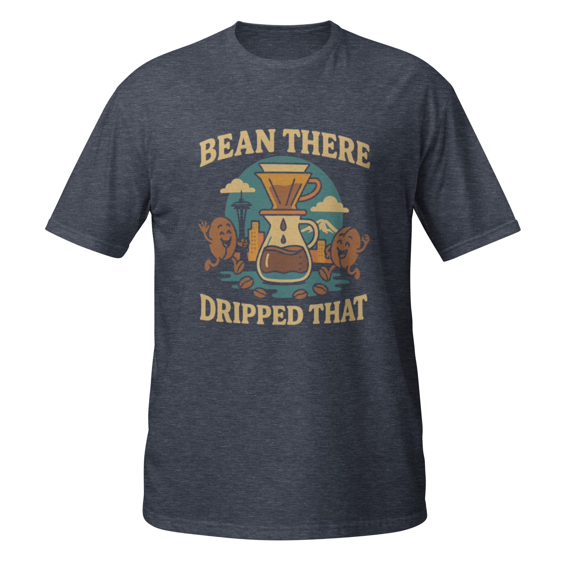 Heather navy Drip That tee with Seattle-style coffee graphic and textured vintage café vibe