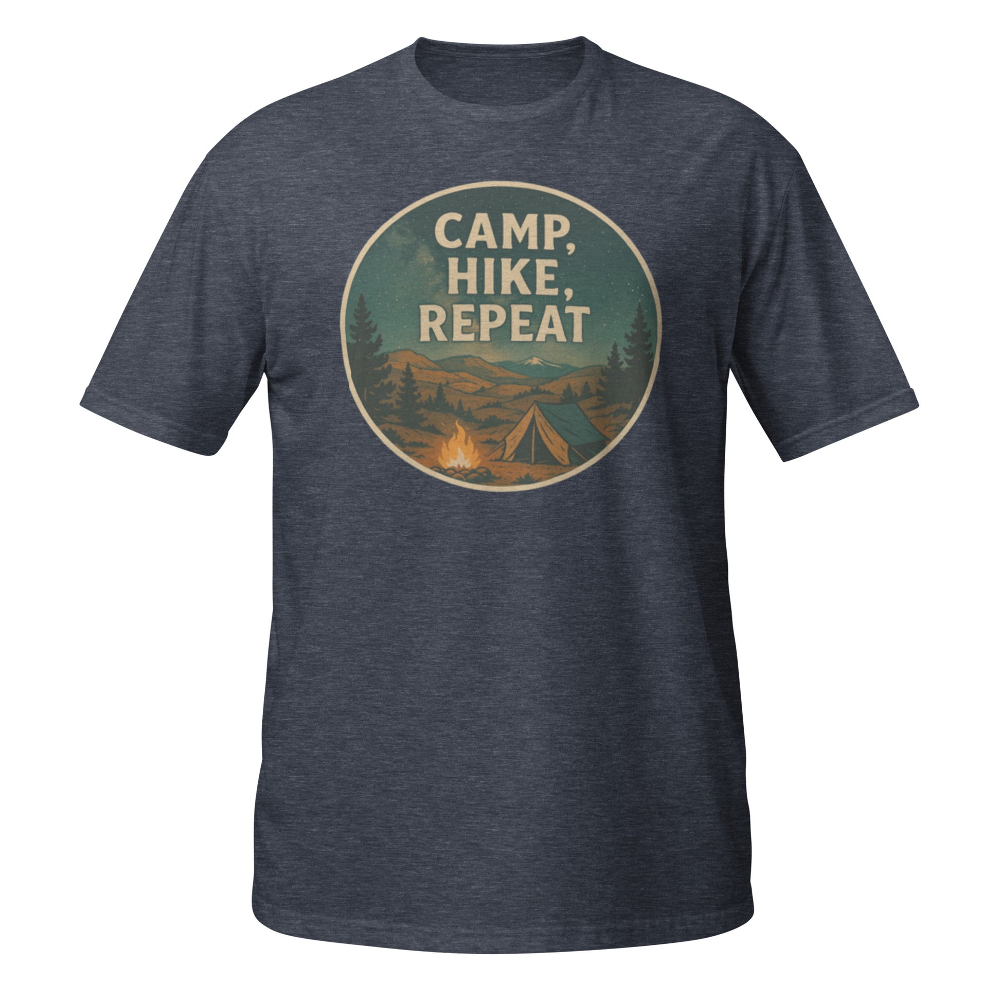 Heather navy Camp Hike Repeat tee with PNW-inspired hiking and camping design for outdoor adventurers