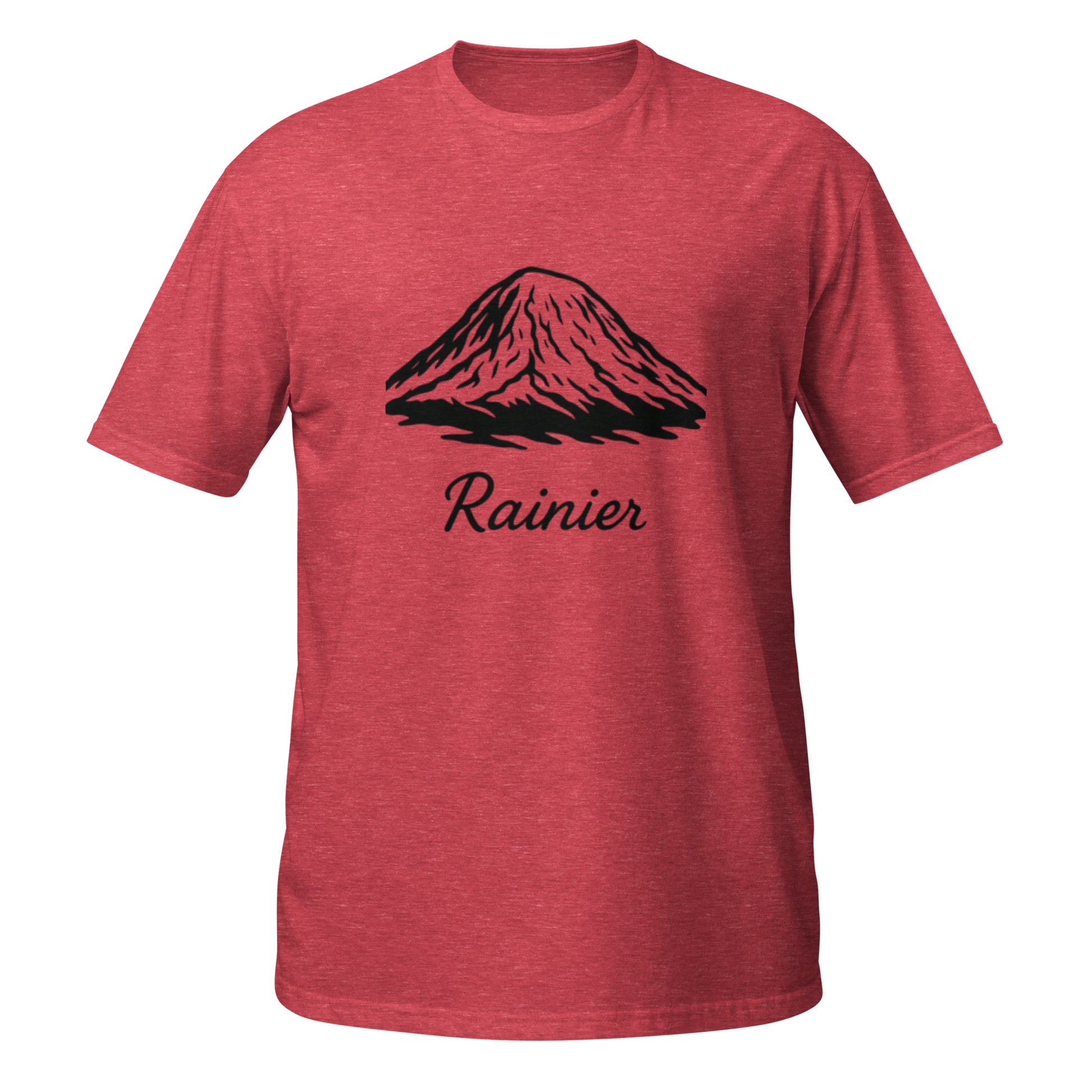 Minimalist Rainier silhouette in black on Heather Red unisex t-shirt