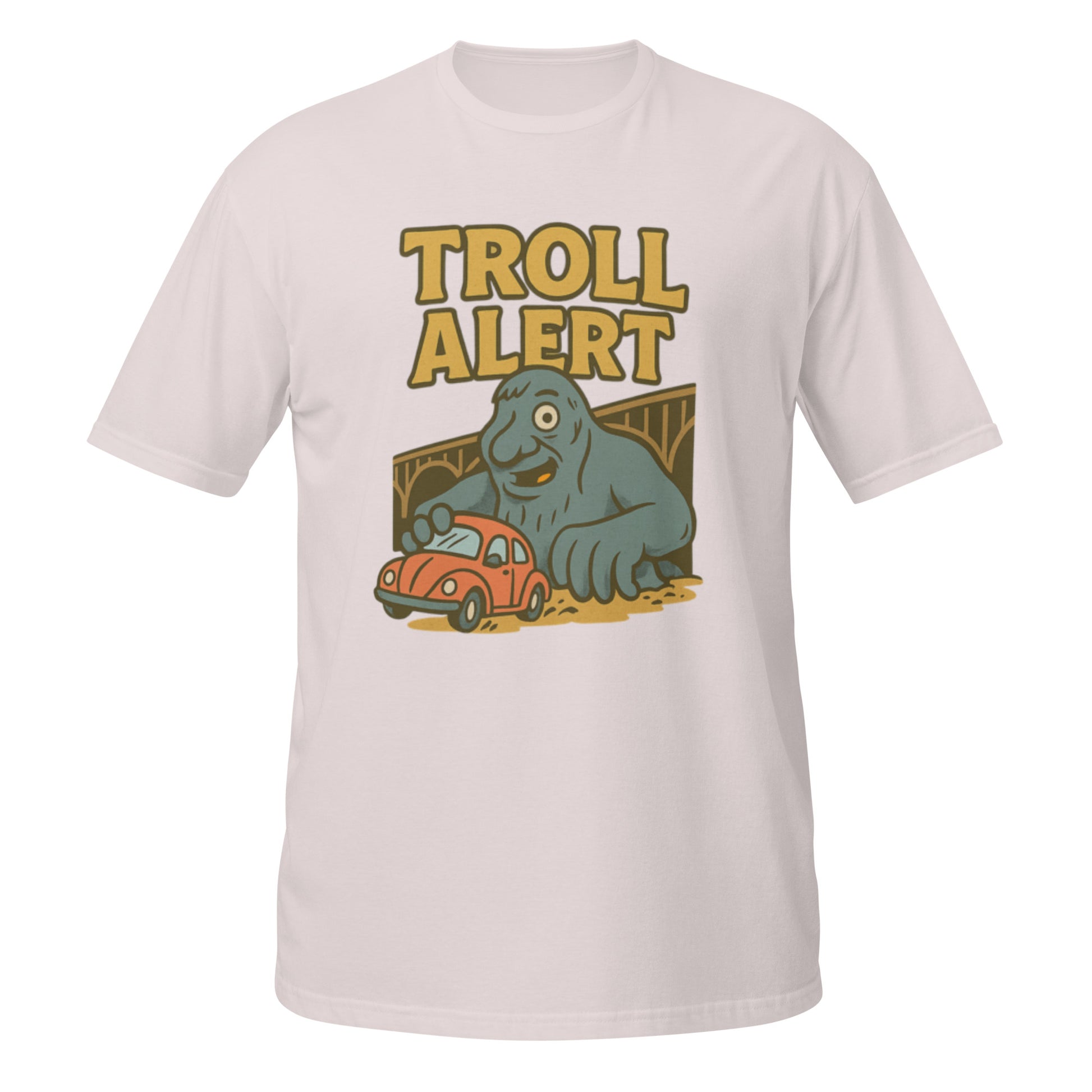 Ice grey Troll Alert tee with whimsical Fremont Troll cartoon graphic and local Seattle flair