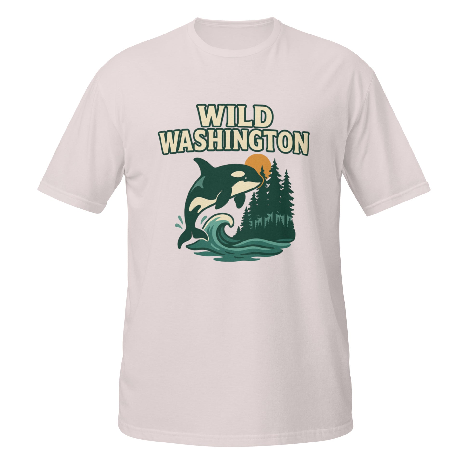 Ice grey Wild Washington shirt featuring PNW orca design blending land, sea, and native wildlife spirit