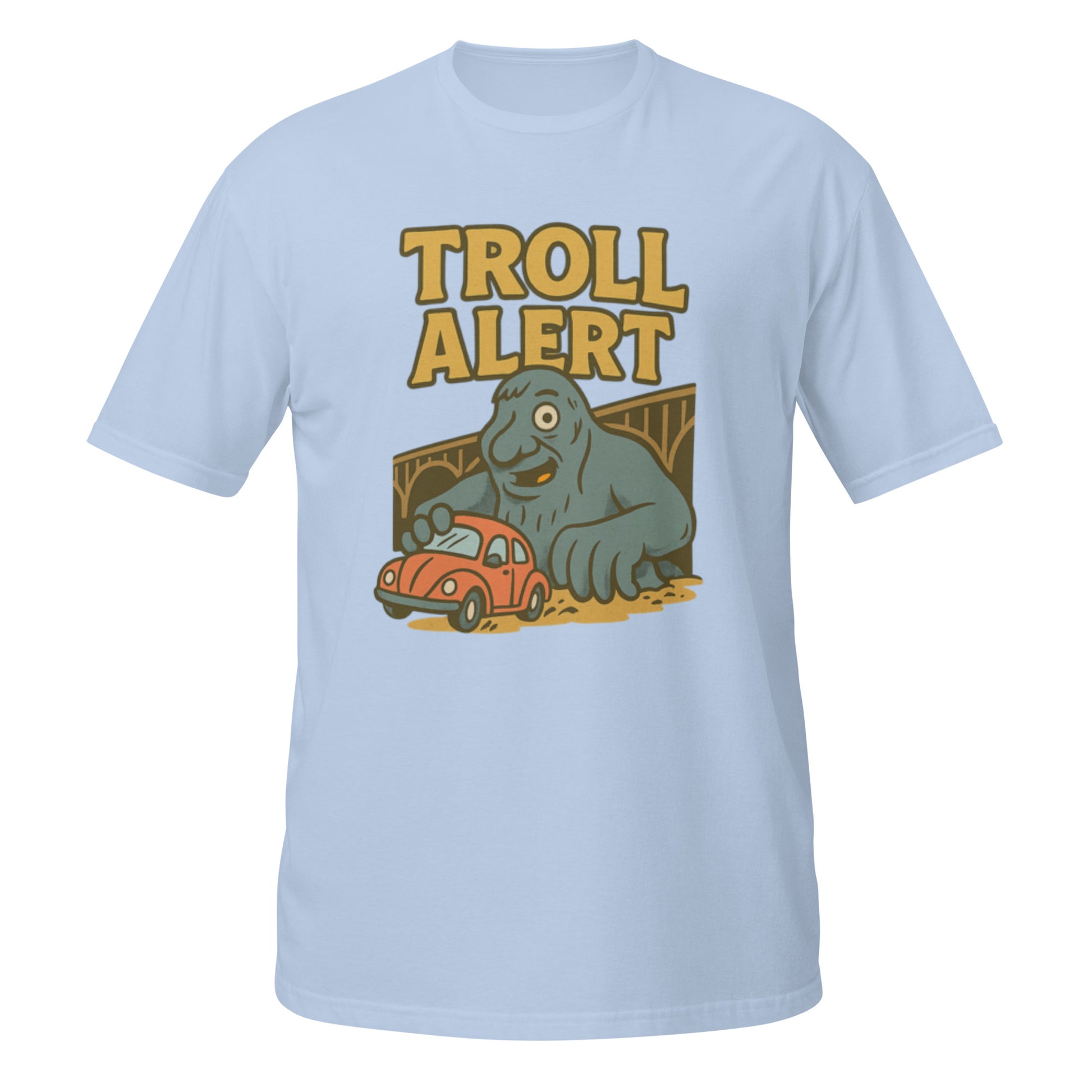 Light blue Troll Alert tee with Fremont Troll cartoon artwork inspired by Seattle street art