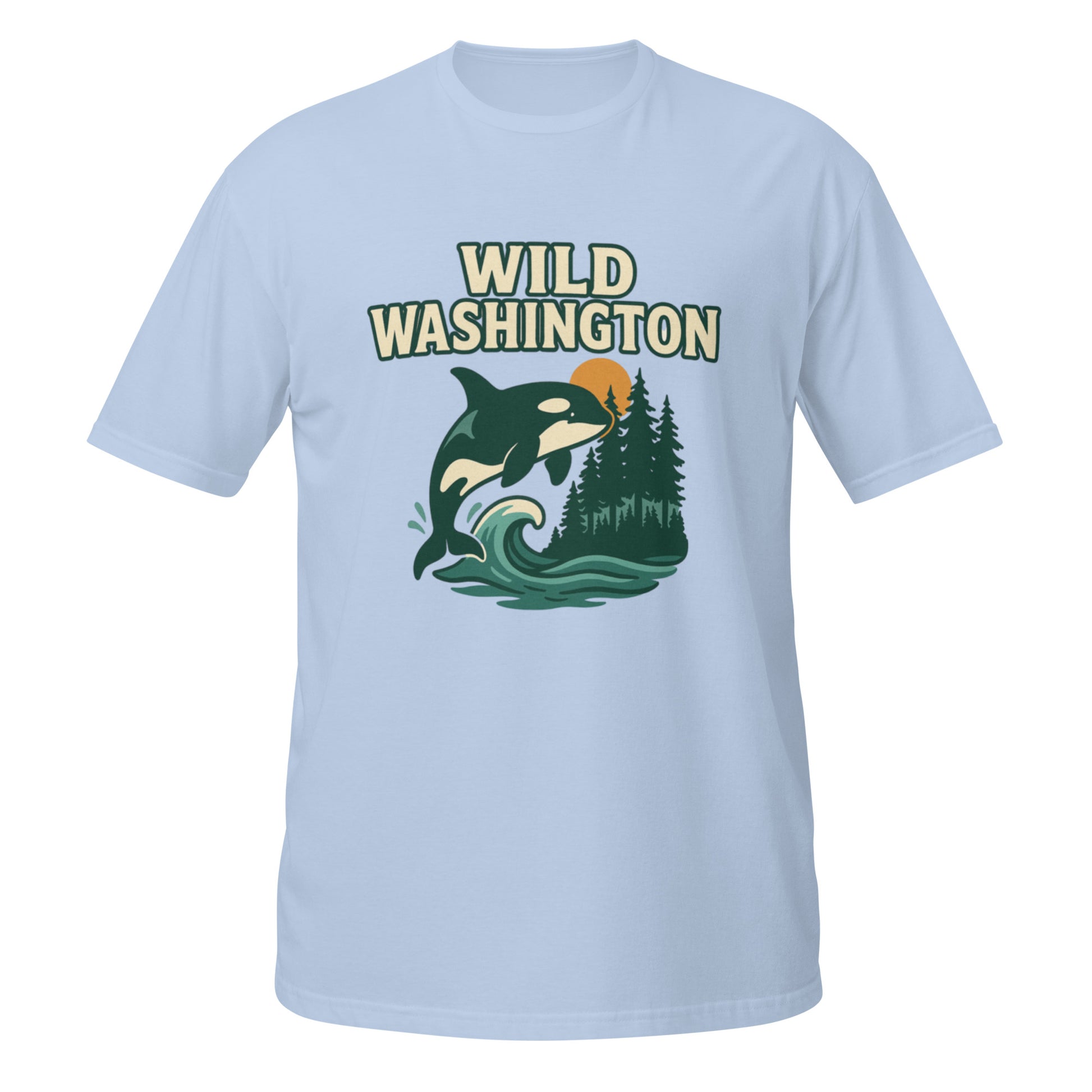 Light blue Wild Washington shirt with stylized orca graphic representing coastal wildlife and state pride