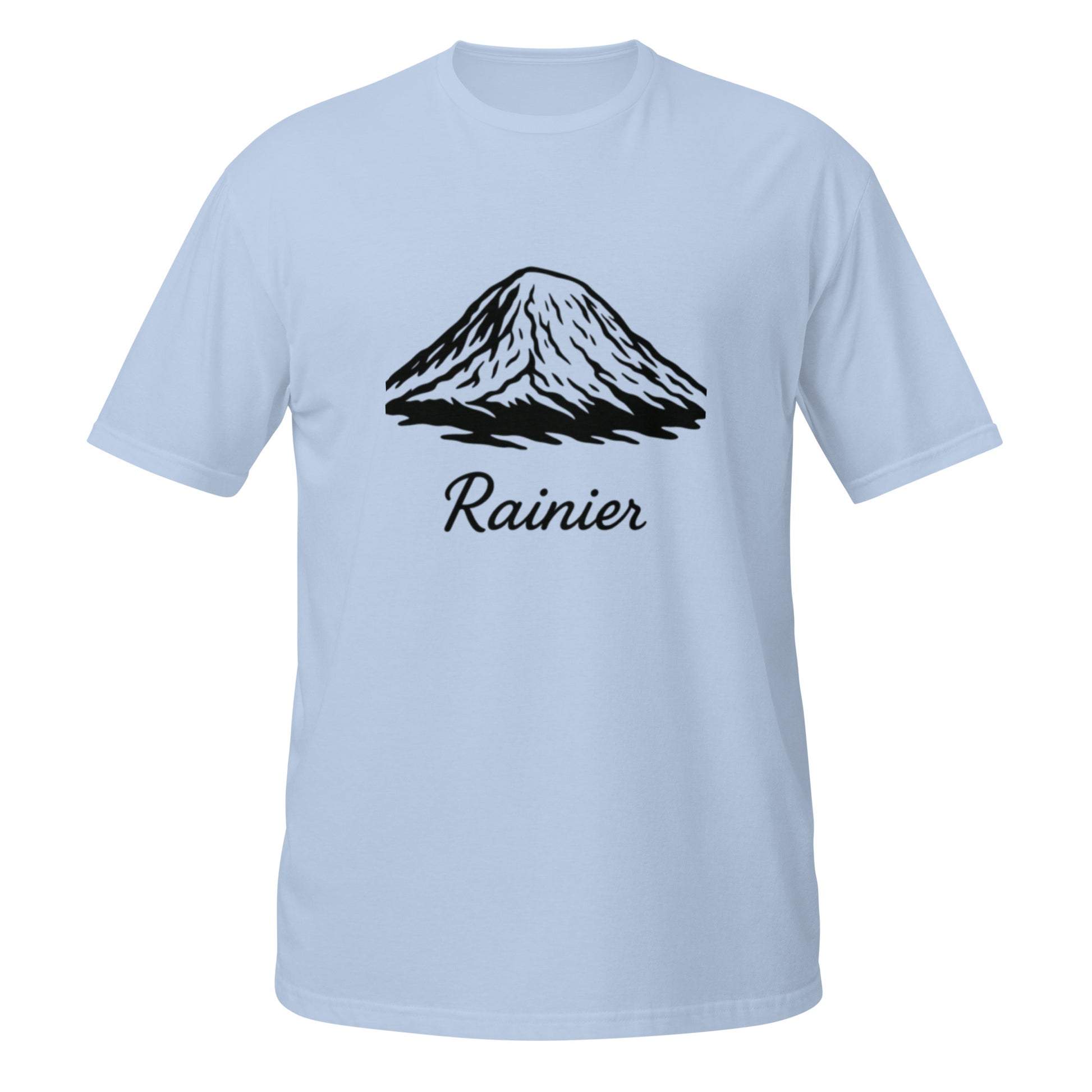 Black Rainier silhouette and signature on Light Blue unisex t-shirt
