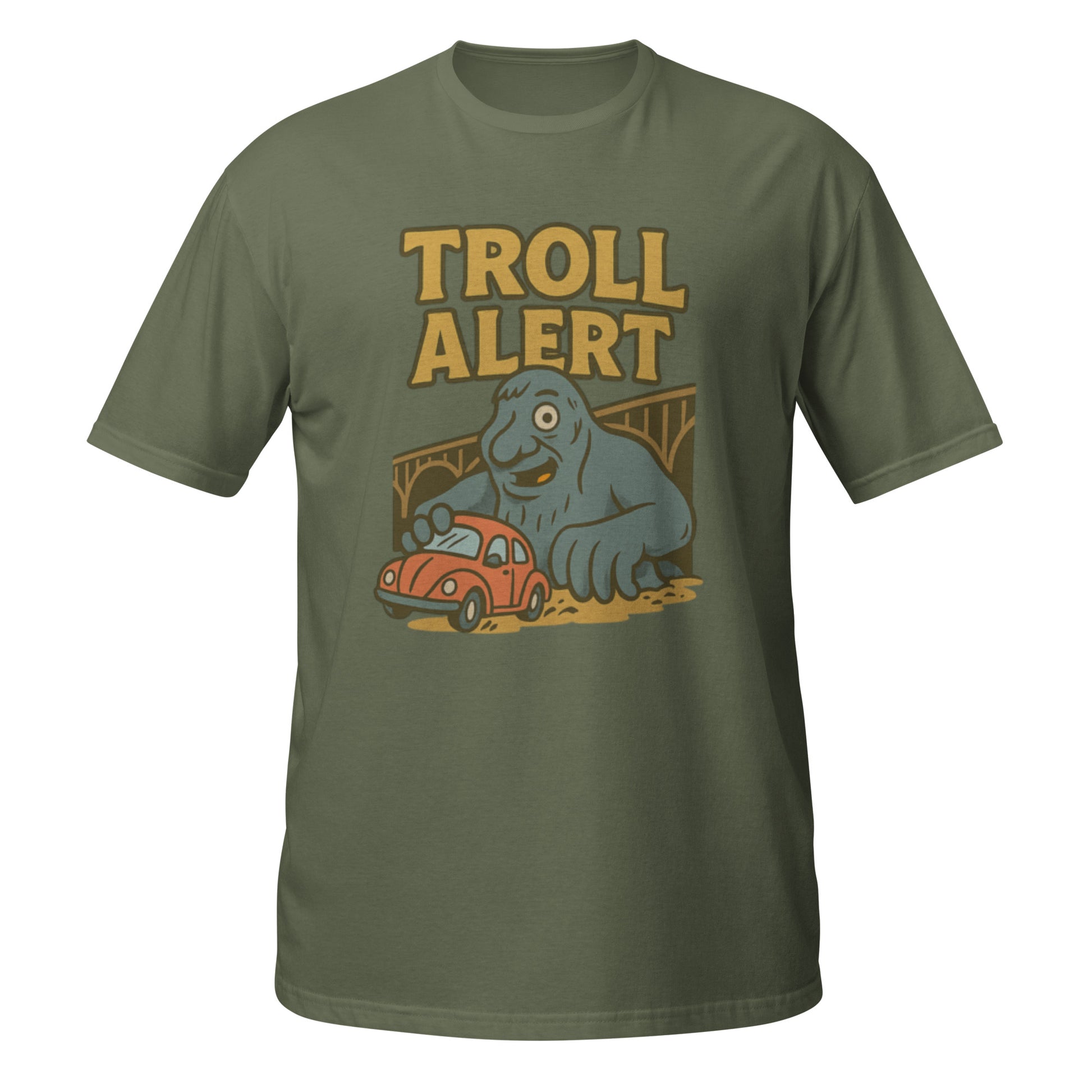 Military green Seattle t-shirt featuring Fremont Troll graphic and offbeat PNW humor