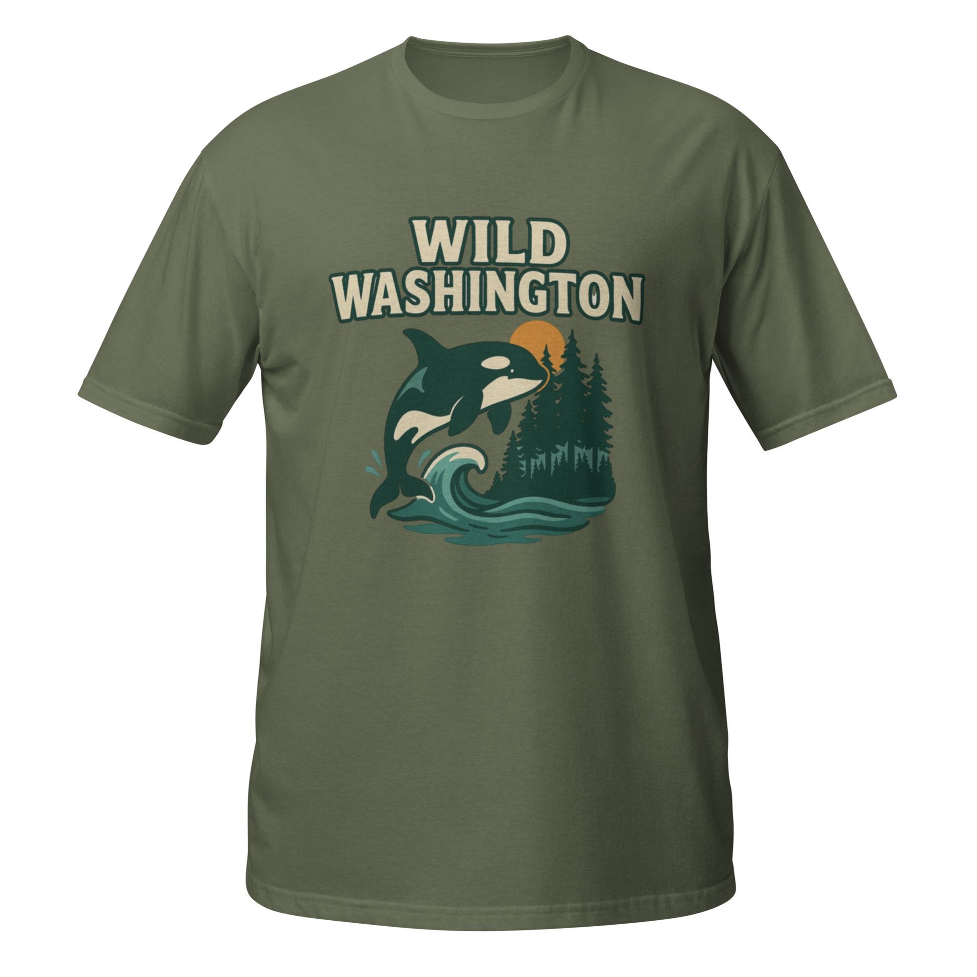 Military green Wild Washington shirt with orca design reflecting Washington’s rugged outdoors and native wildlife