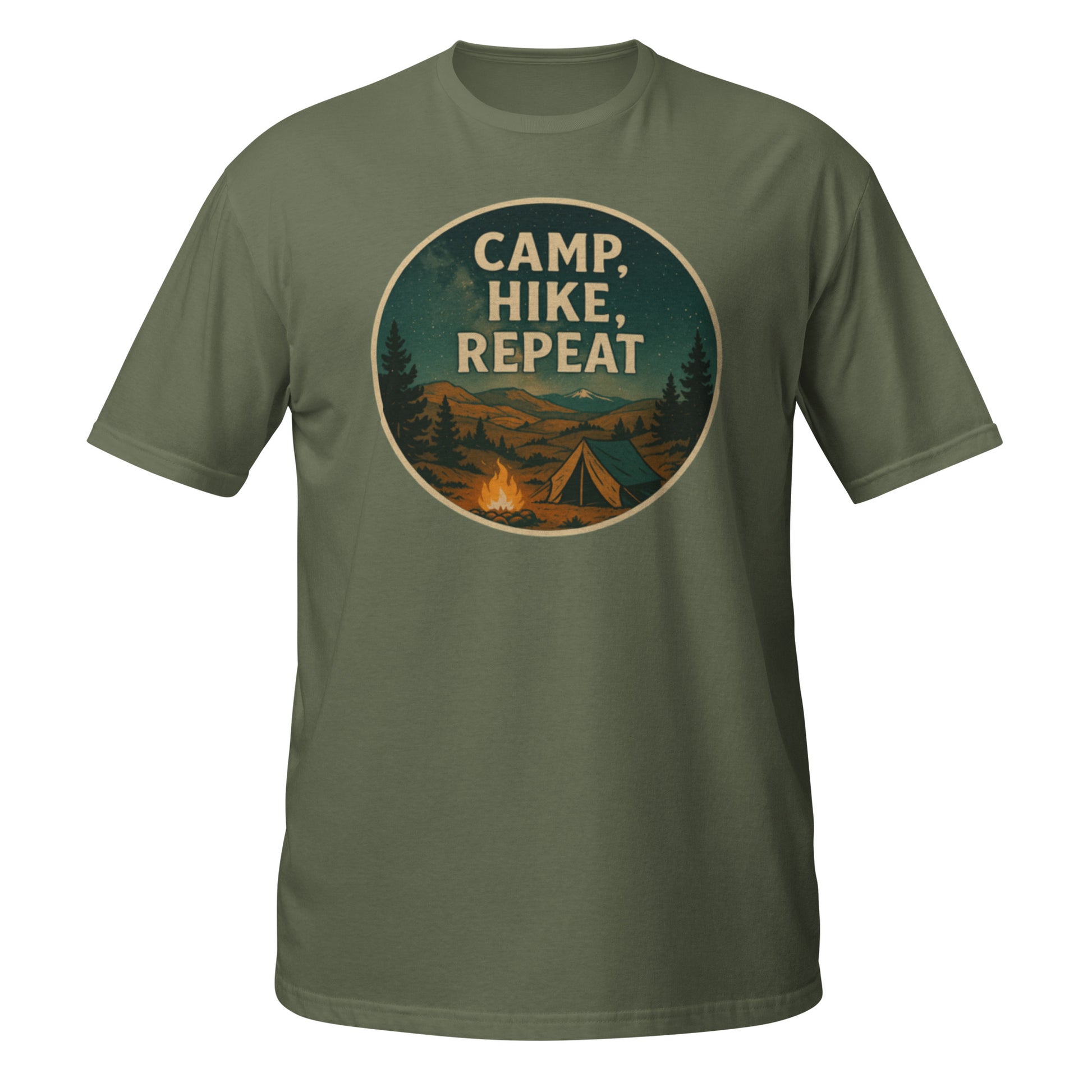Military green Camp Hike Repeat tee with forest-themed camping artwork perfect for backcountry explorers