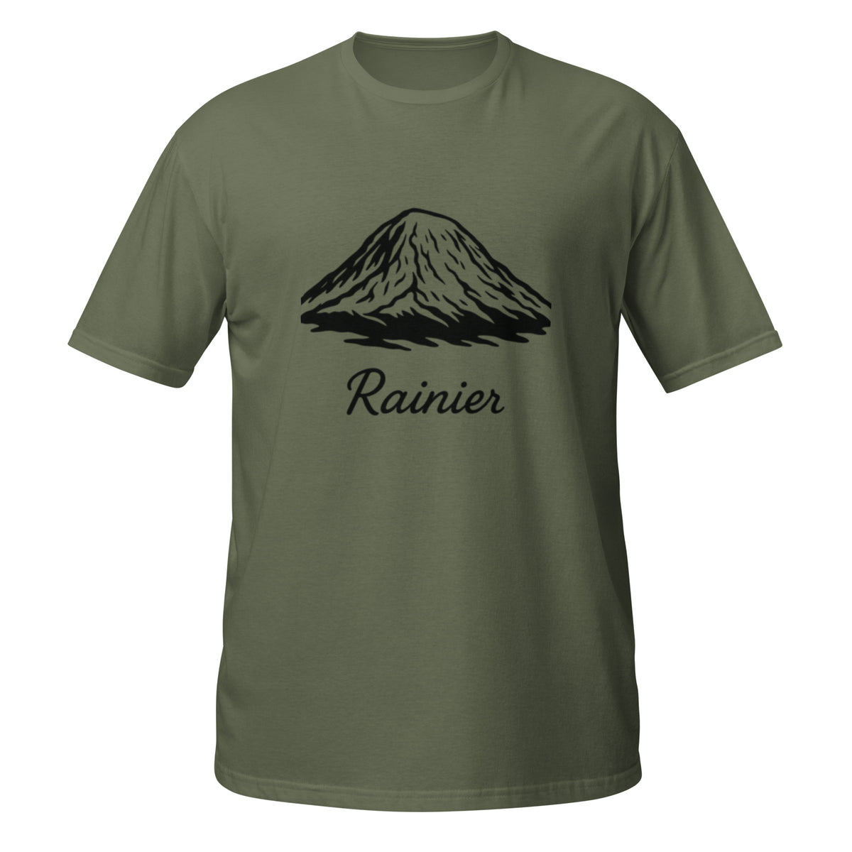 Single-stroke Mt. Rainier outline design in black on Military Green unisex t-shirt