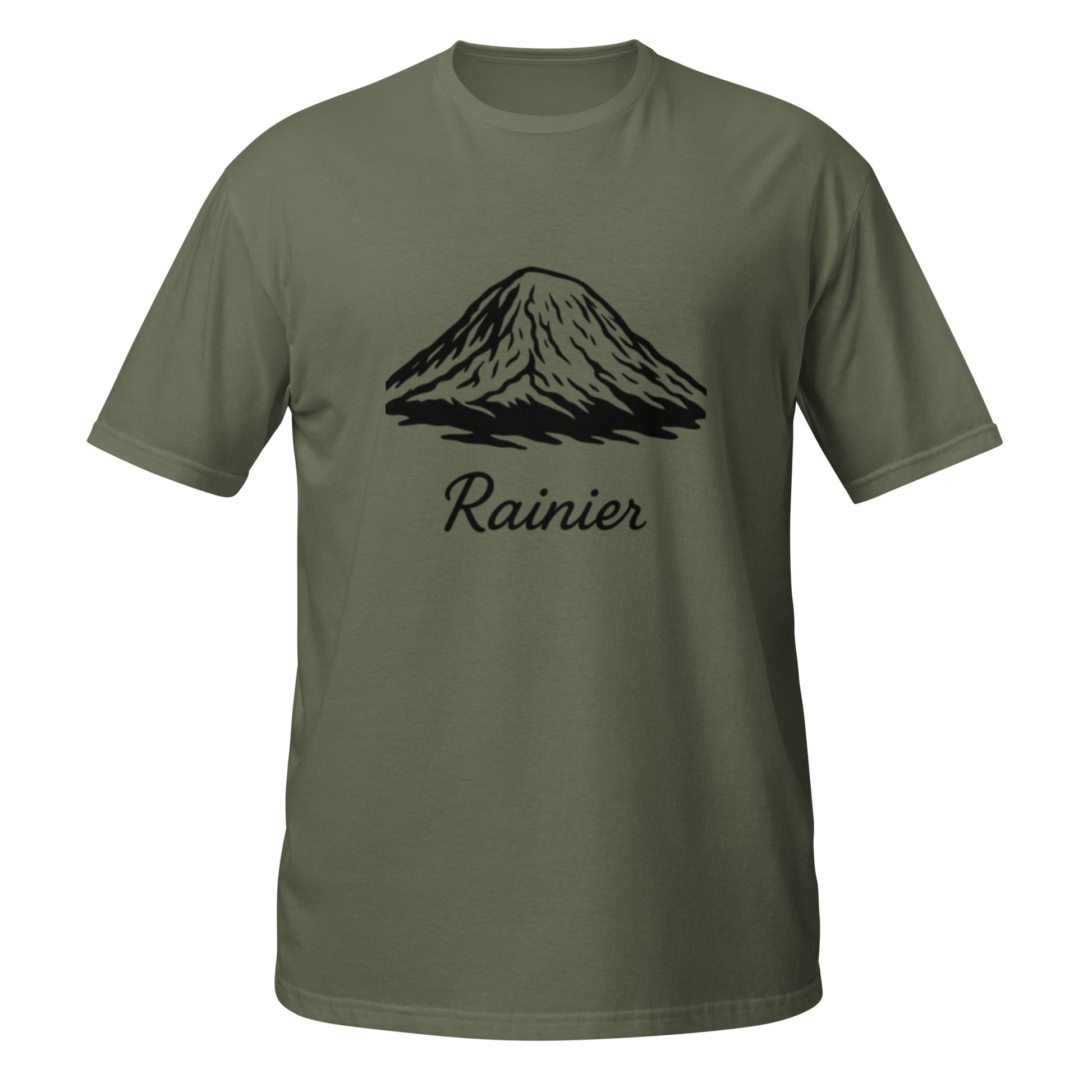 Single-stroke Mt. Rainier outline design in black on Military Green unisex t-shirt