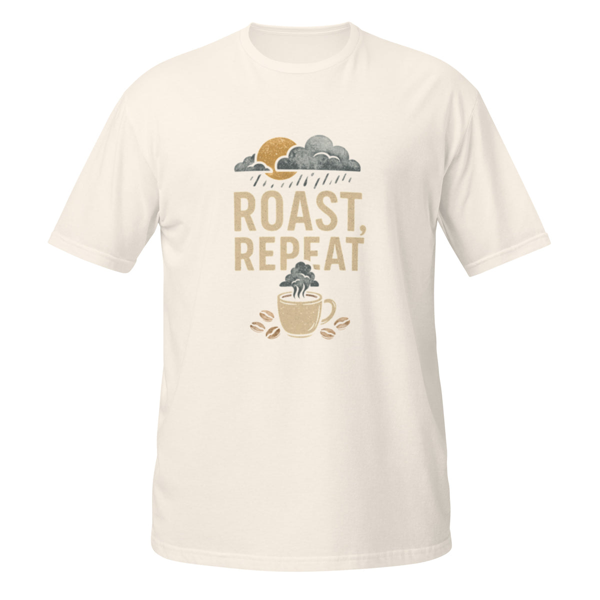 Natural Roast, Repeat t-shirt featuring neutral tones and pour-over coffee design for slow brew enthusiasts