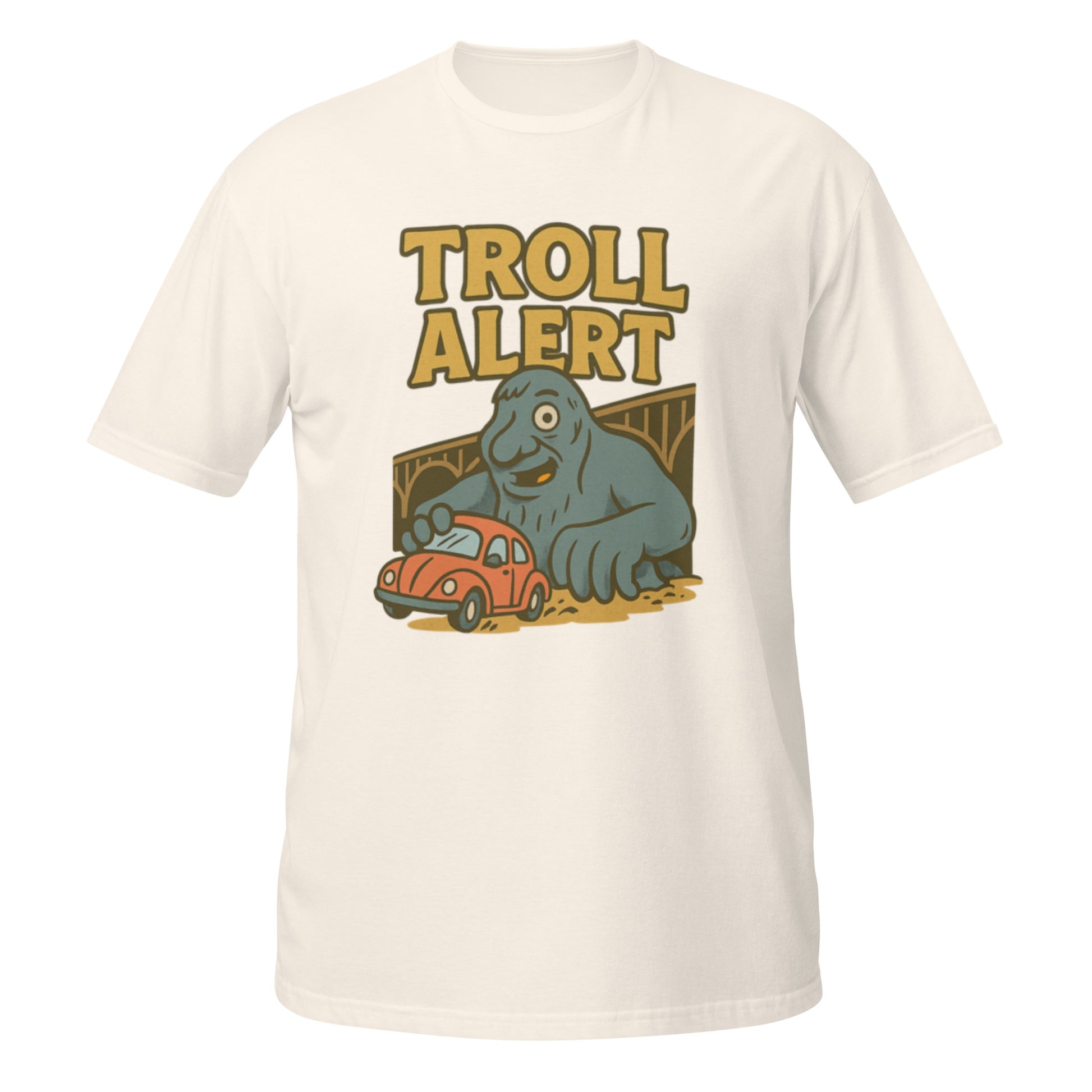 Natural Troll Alert tee with Fremont Troll cartoon design inspired by Seattle’s quirky landmark culture