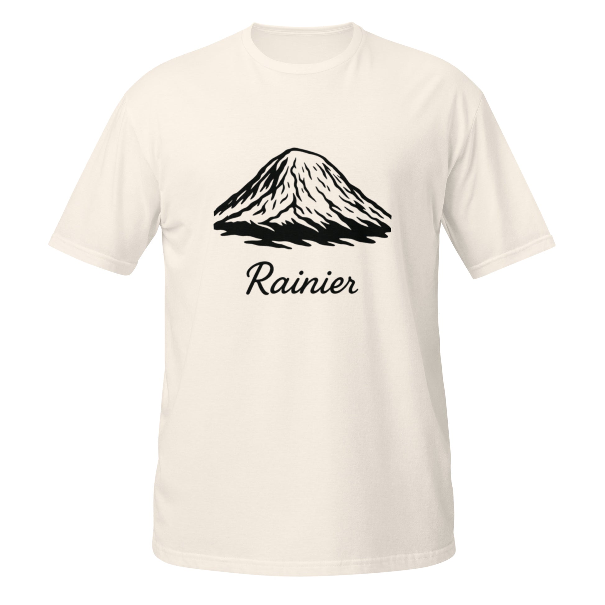 Minimal Rainier mountain and calligraphy on Natural unisex t-shirt