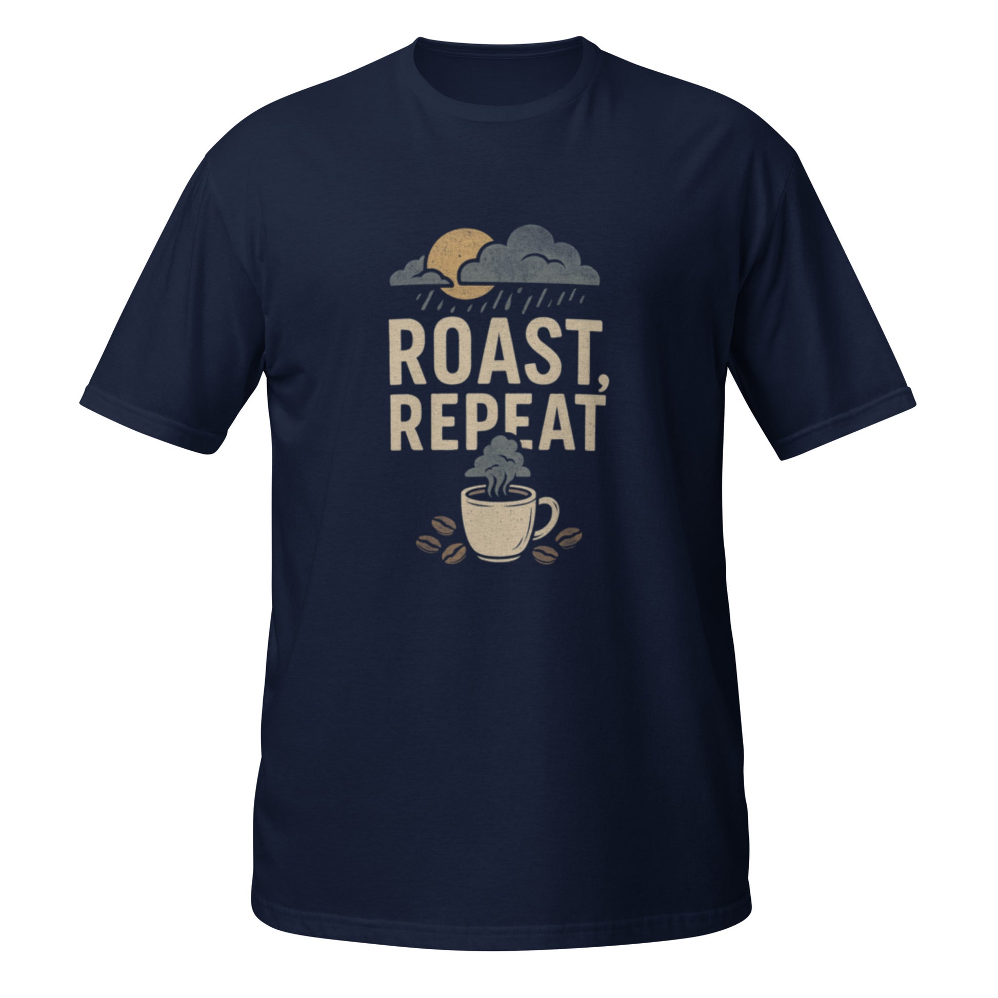 Navy Roast, Repeat tee with minimalist coffee graphic inspired by rainy Seattle mornings
