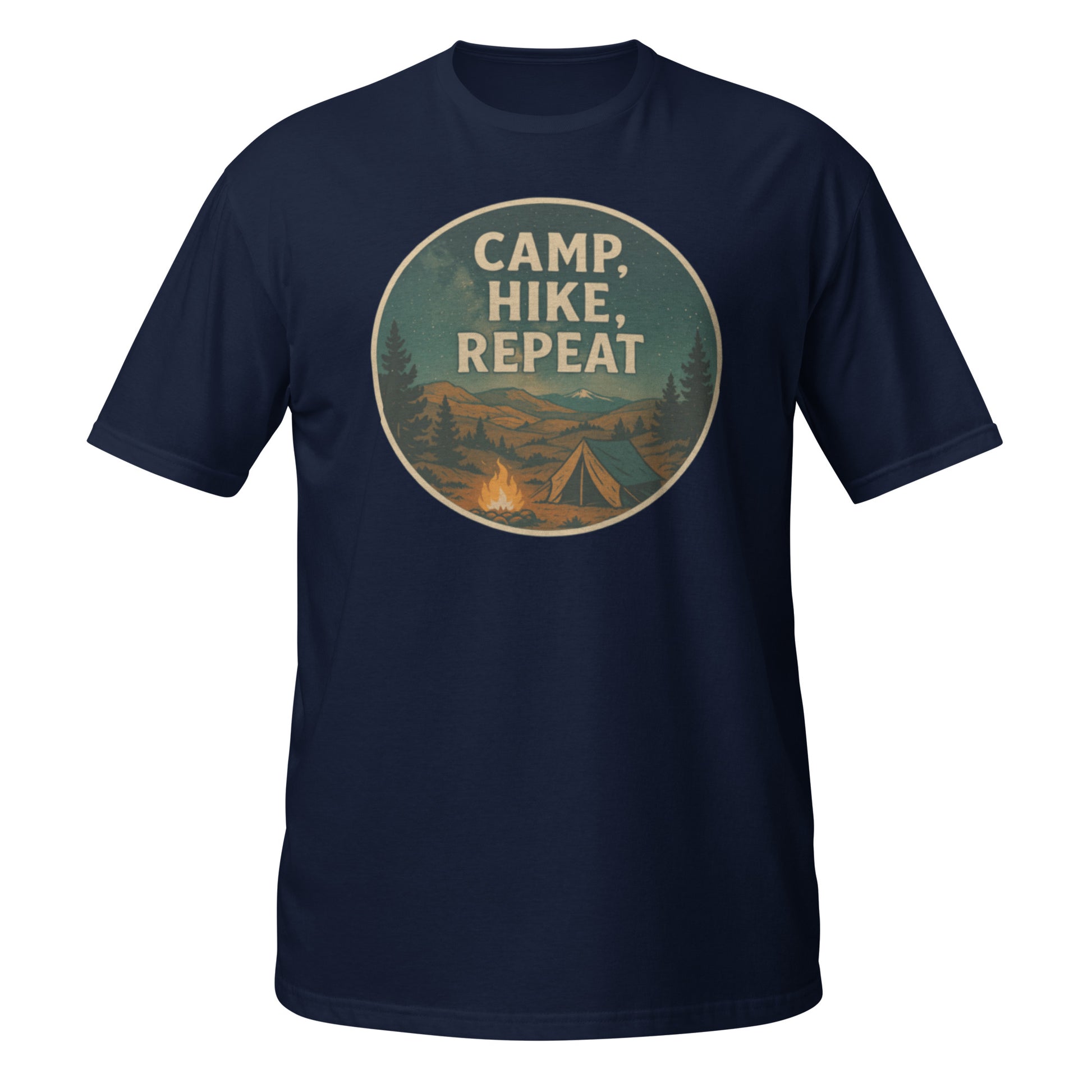 Navy Camp Hike Repeat shirt with rustic camping design perfect for PNW trail lovers and nature enthusiasts