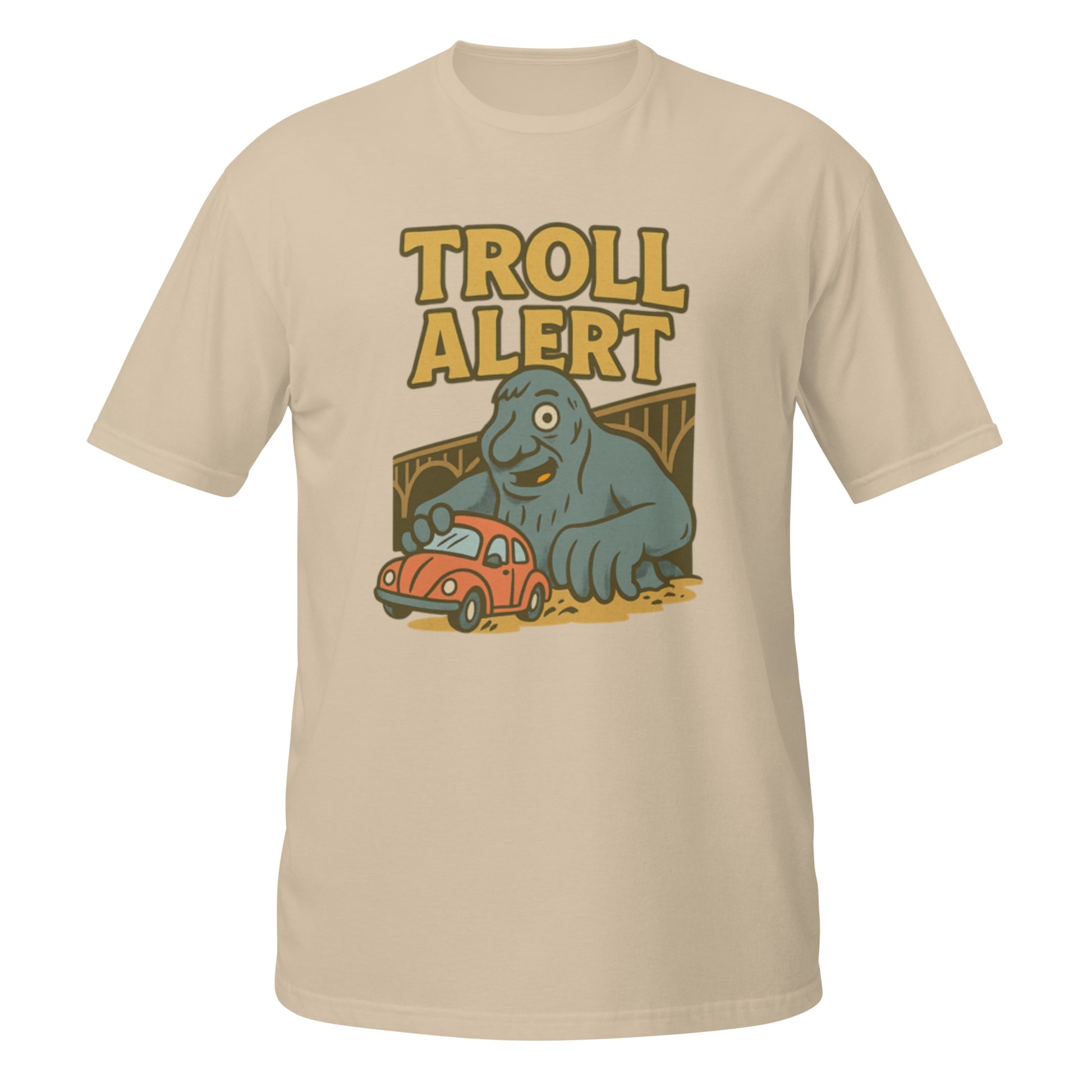 Sand-colored Troll Alert shirt with bold Seattle landmark troll design under Aurora Bridge