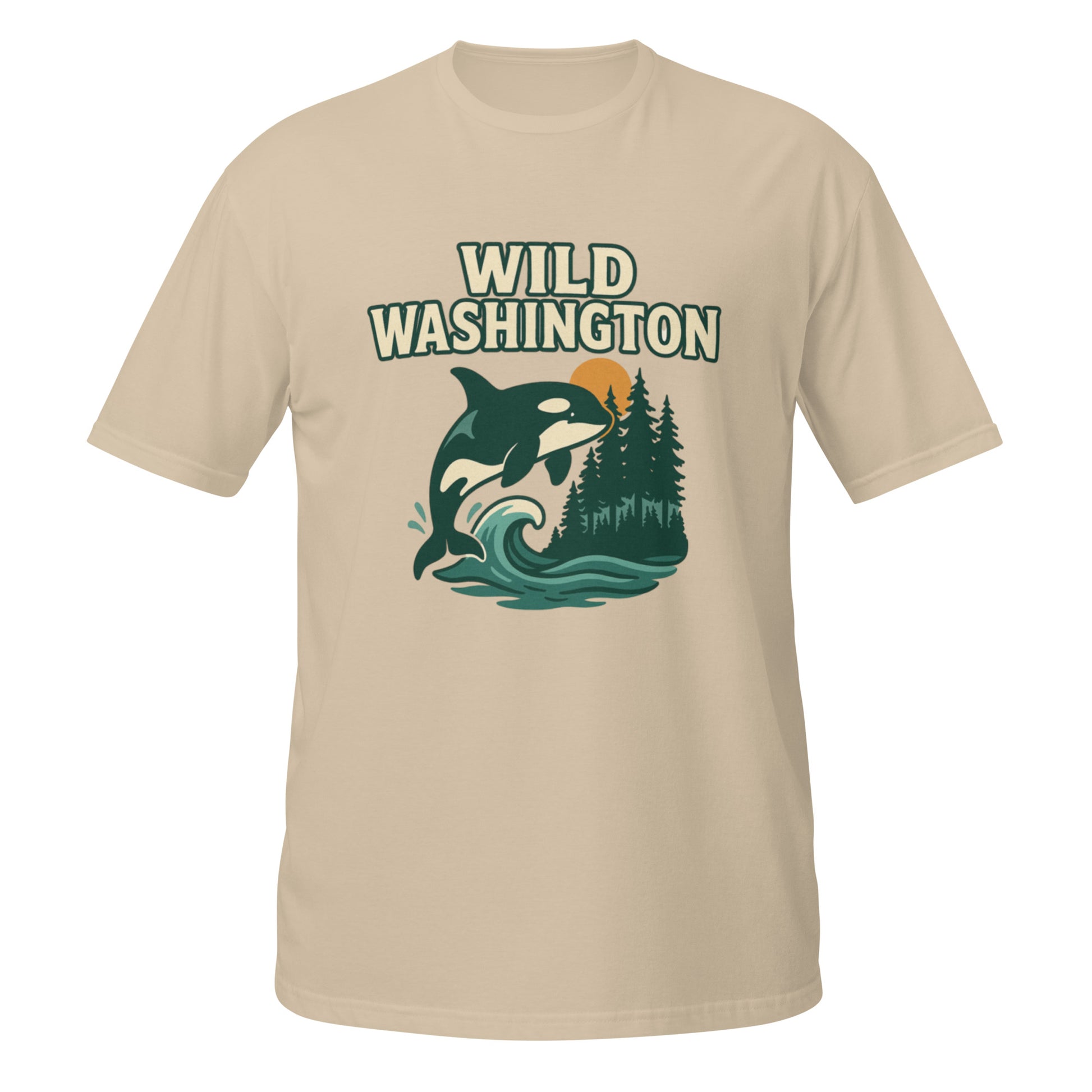 Sand-colored Wild Washington tee with minimalist orca design honoring the wild landscapes of Washington state