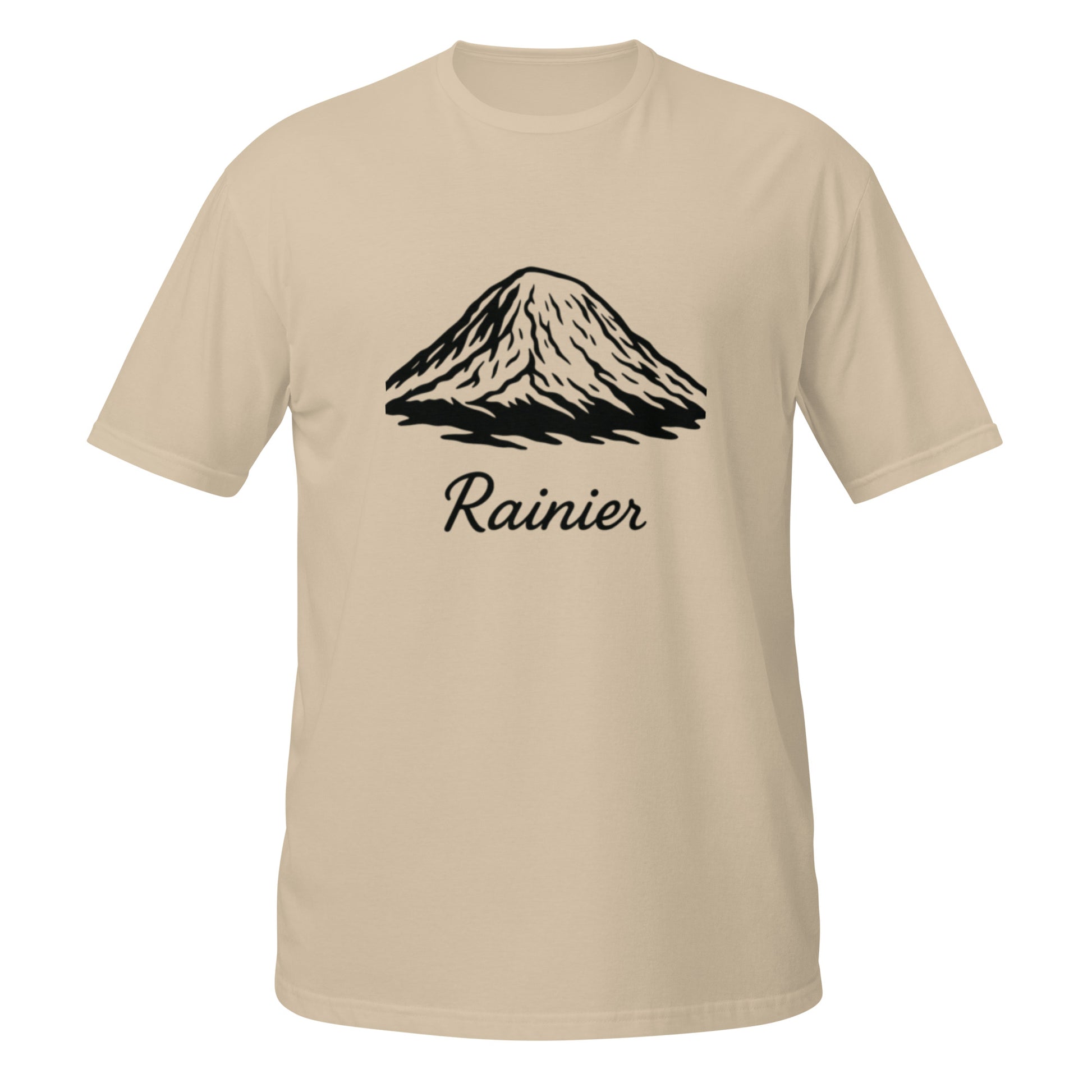 Rainier mountain line art in black on Sand unisex t-shirt