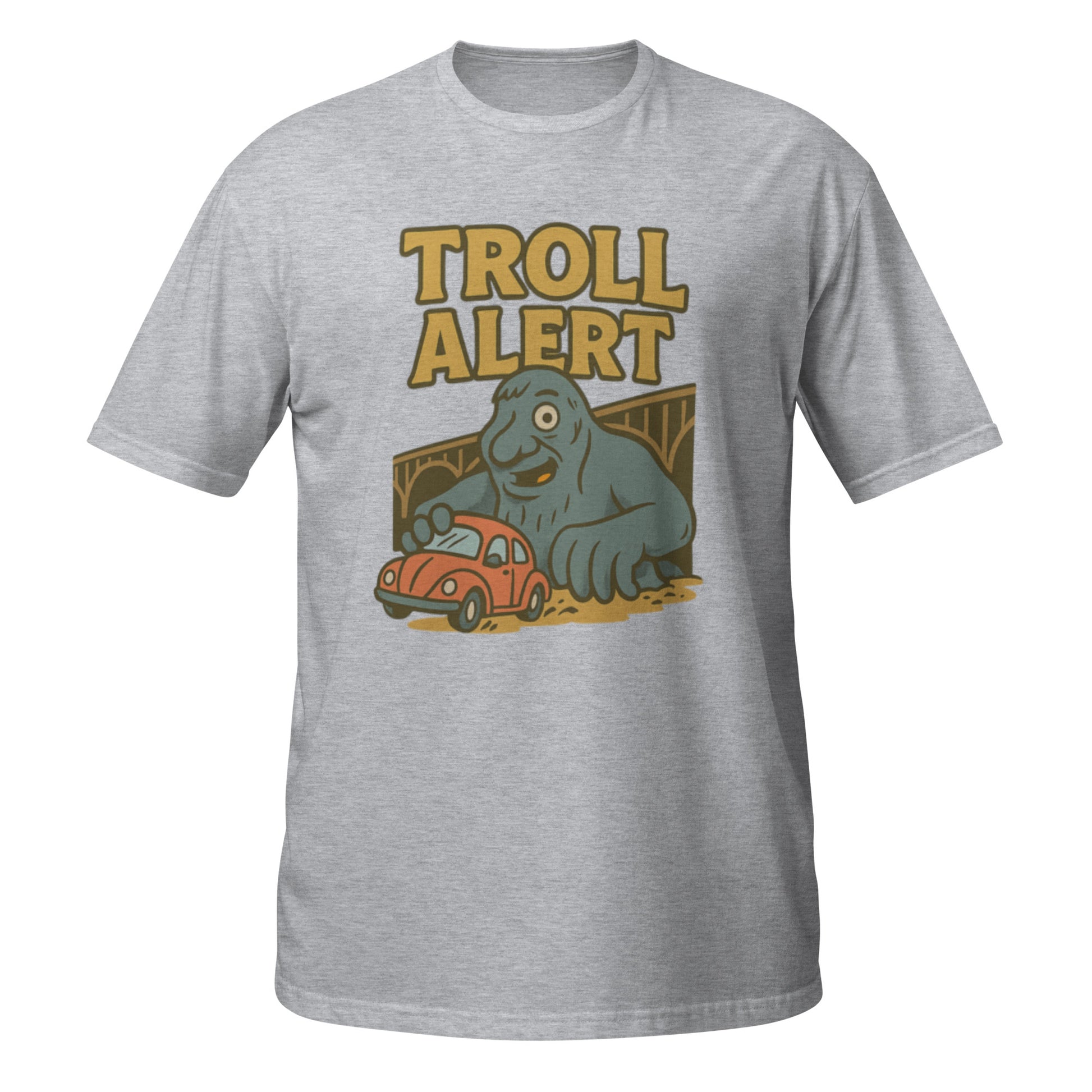 Sport grey Troll Alert shirt with quirky troll design inspired by Seattle’s weirdest roadside attraction