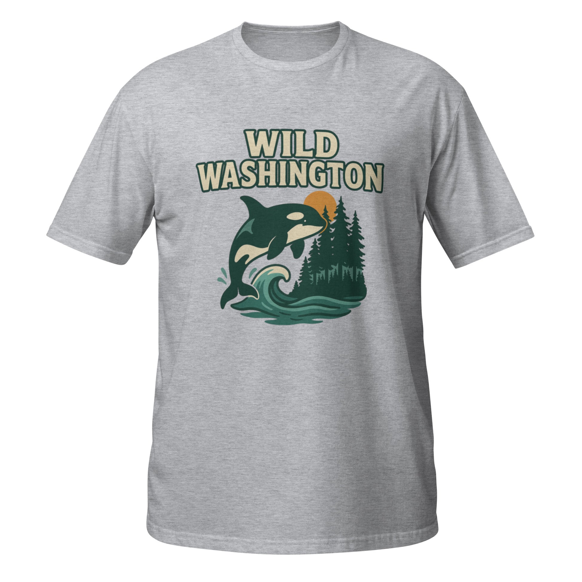 Sport grey Wild Washington tee with ocean-inspired orca design celebrating Washington’s natural beauty