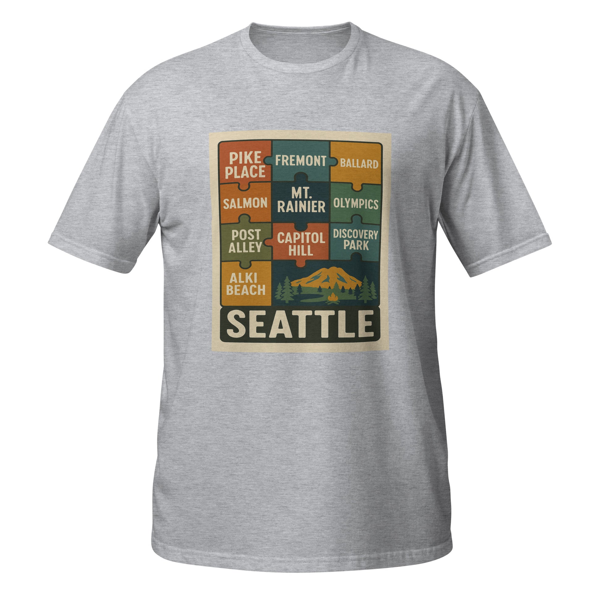 Sport grey Seattle Jigsaw tee with fragmented block design honoring Seattle’s layered neighborhoods and energy