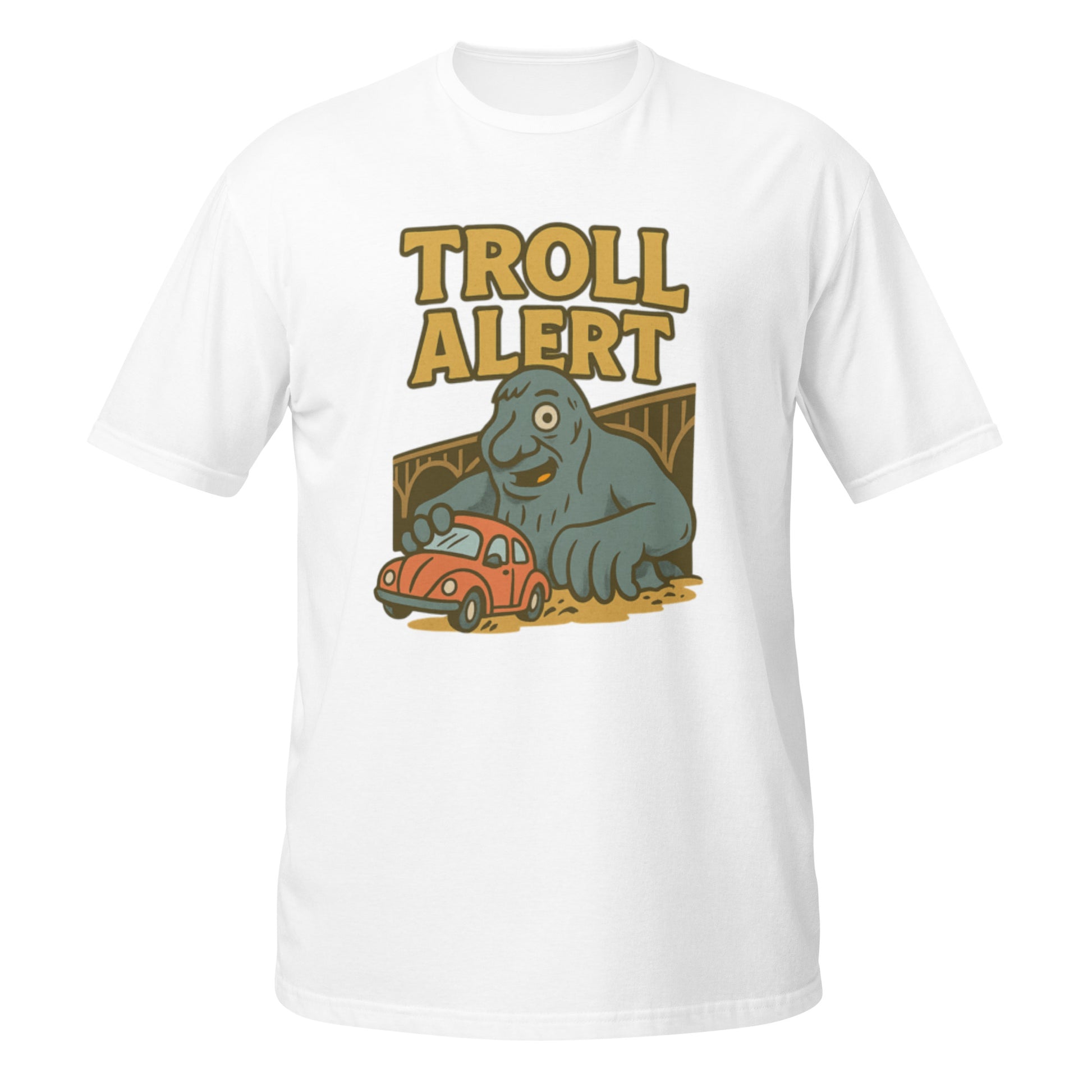 White Troll Alert shirt featuring cartoon-style Fremont Troll artwork and Seattle humor