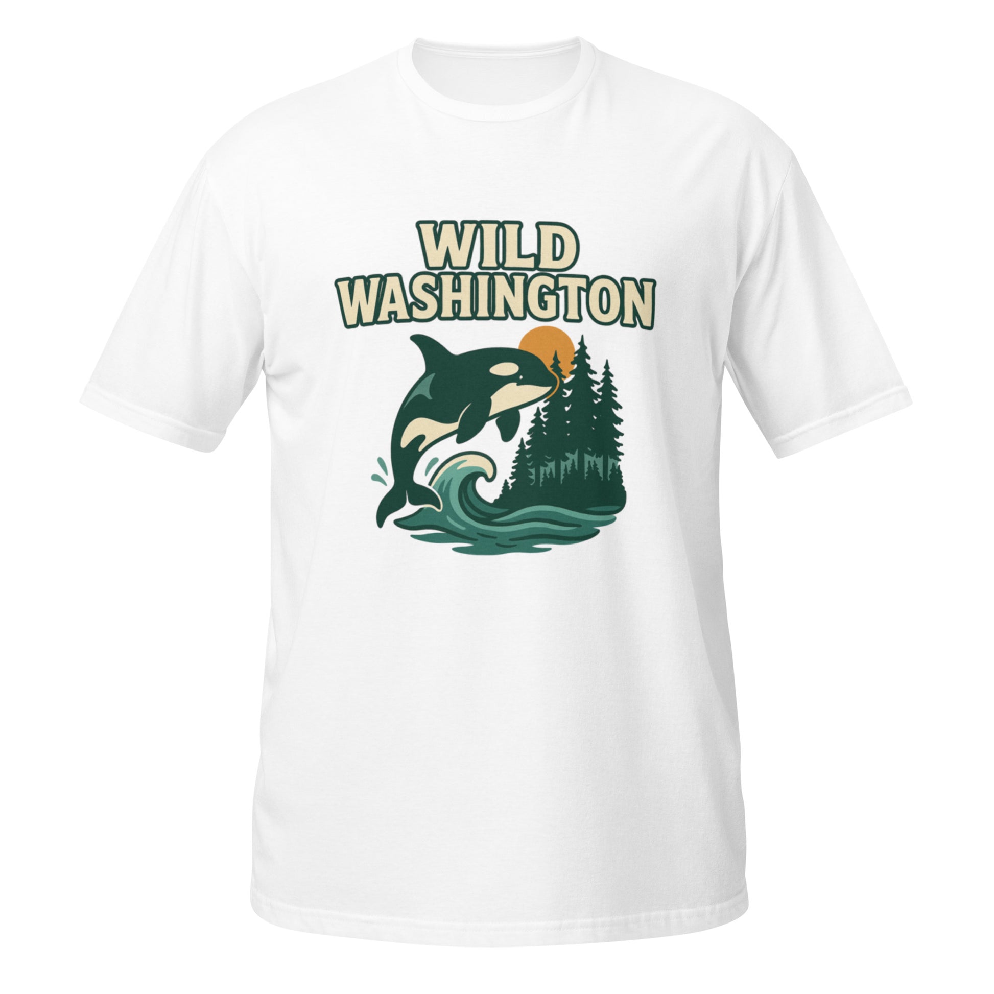 White Wild Washington shirt featuring bold orca graphic inspired by Pacific Northwest wildlife and coastline