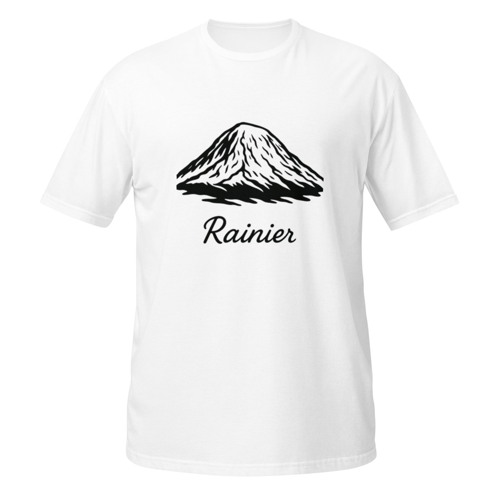 Black line art of Mt. Rainier on White unisex t-shirt with Rainier signature